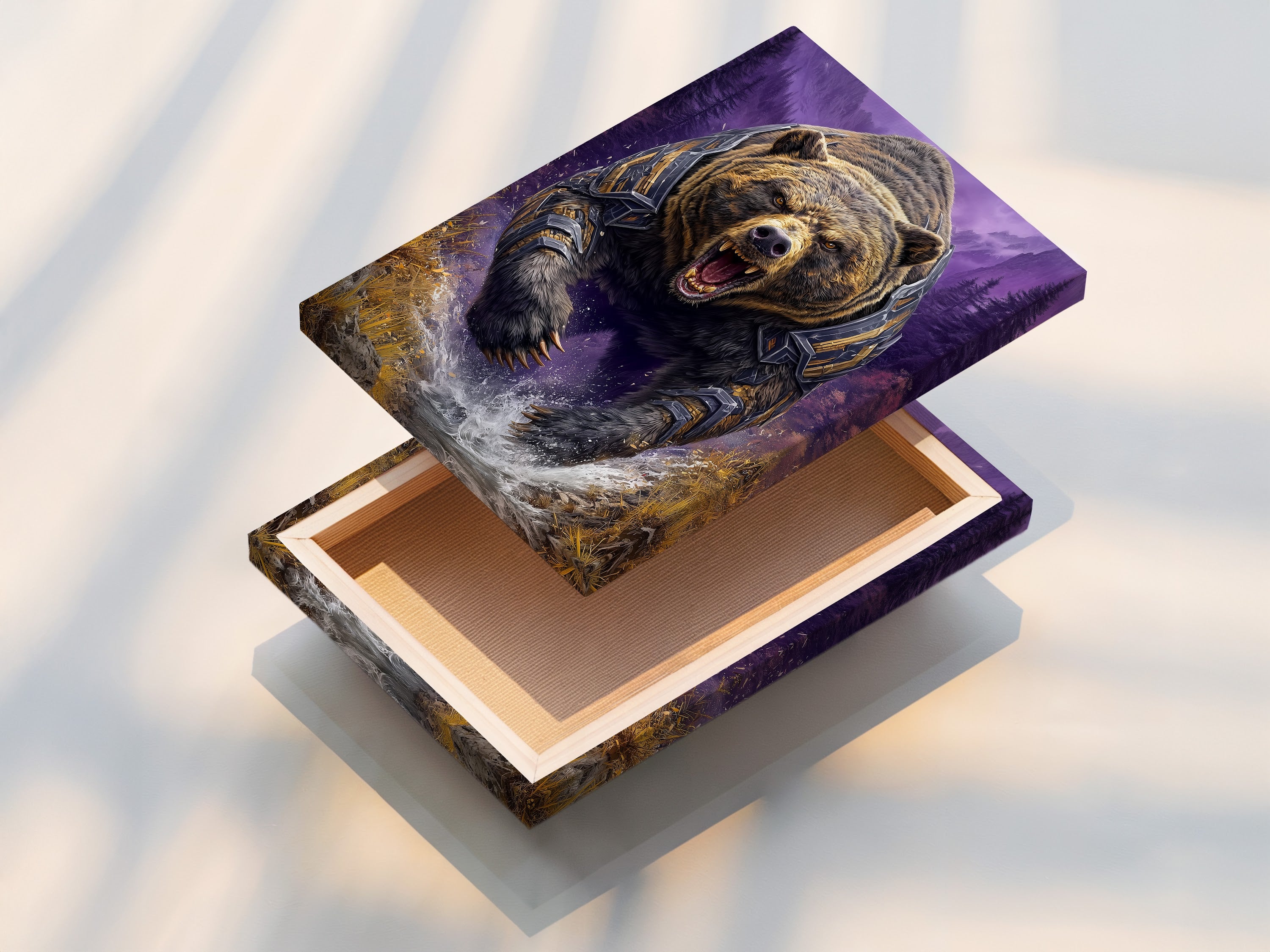 A stretched canvas print of the Grizzly Bear artwork. The fantasy wildlife art shows a bear in armor against a purple mountain backdrop. Ready to hang wall decor for a man cave or adventure themed room.