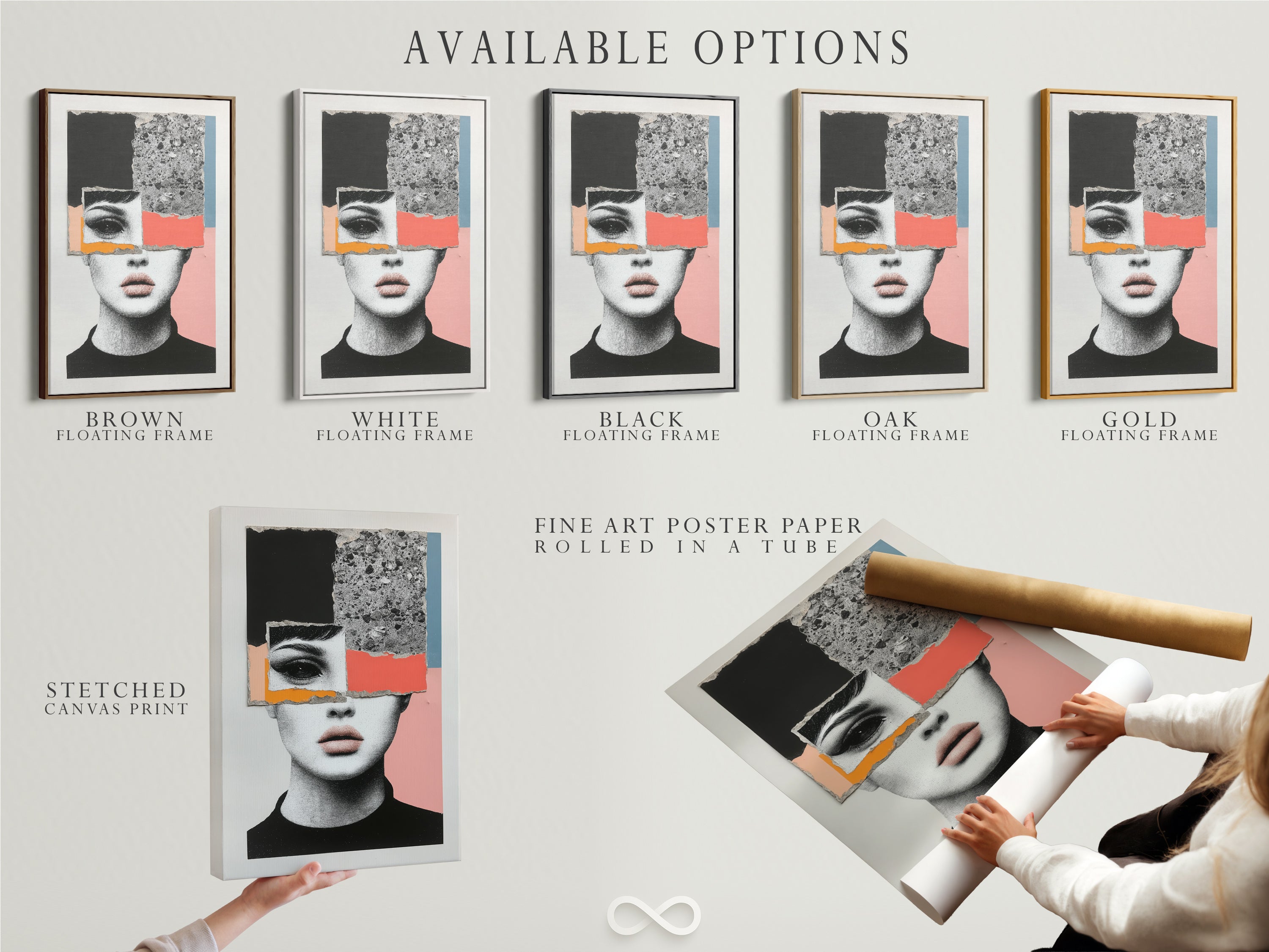 Explore the available options for this modern abstract face artwork. Choose from a stretched canvas print. Fine art poster paper or a floating frame. Each option enhances the contemporary portrait. Perfect for bedroom decor. Great for living rooms bedrooms offices studios lobbies clinics boutiques and salons.