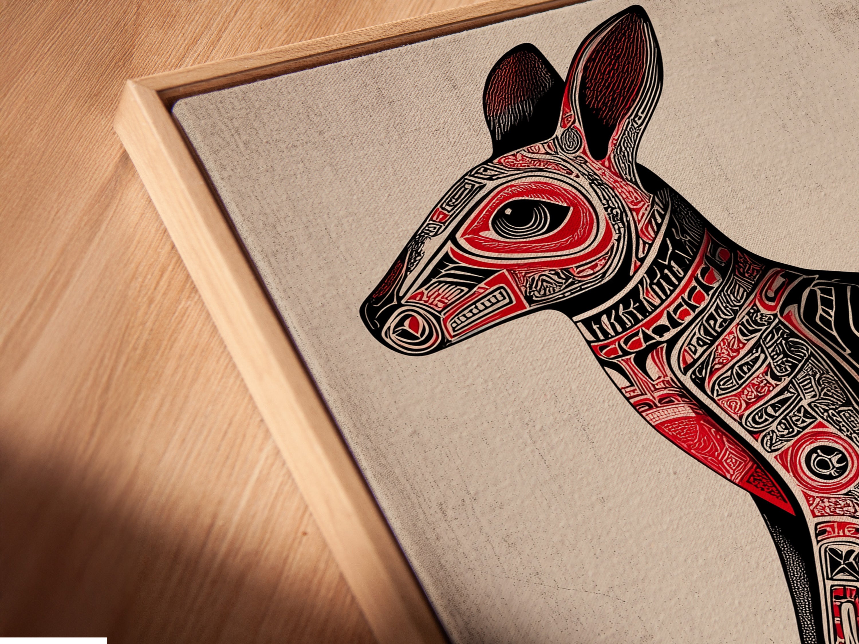Close-up angled view of a canvas print in a floating frame. The Aboriginal Kangaroo artwork is stretched perfectly. The floating frame gives a modern gallery look. The red and black tribal patterns are clearly visible. It's a stunning piece of animal canvas art.
