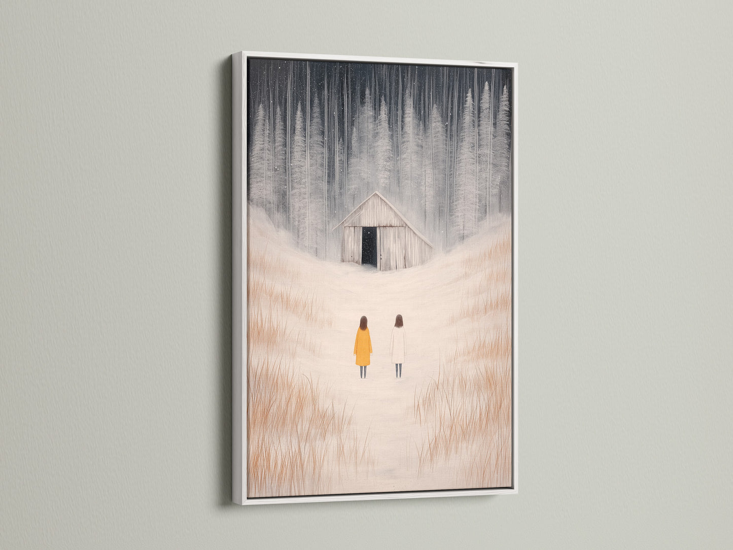 A white frame showcases the winter landscape artwork. The figures are set in a snowy field. This minimalist art complements farmhouse decor. It adds a touch of elegance to any space.
