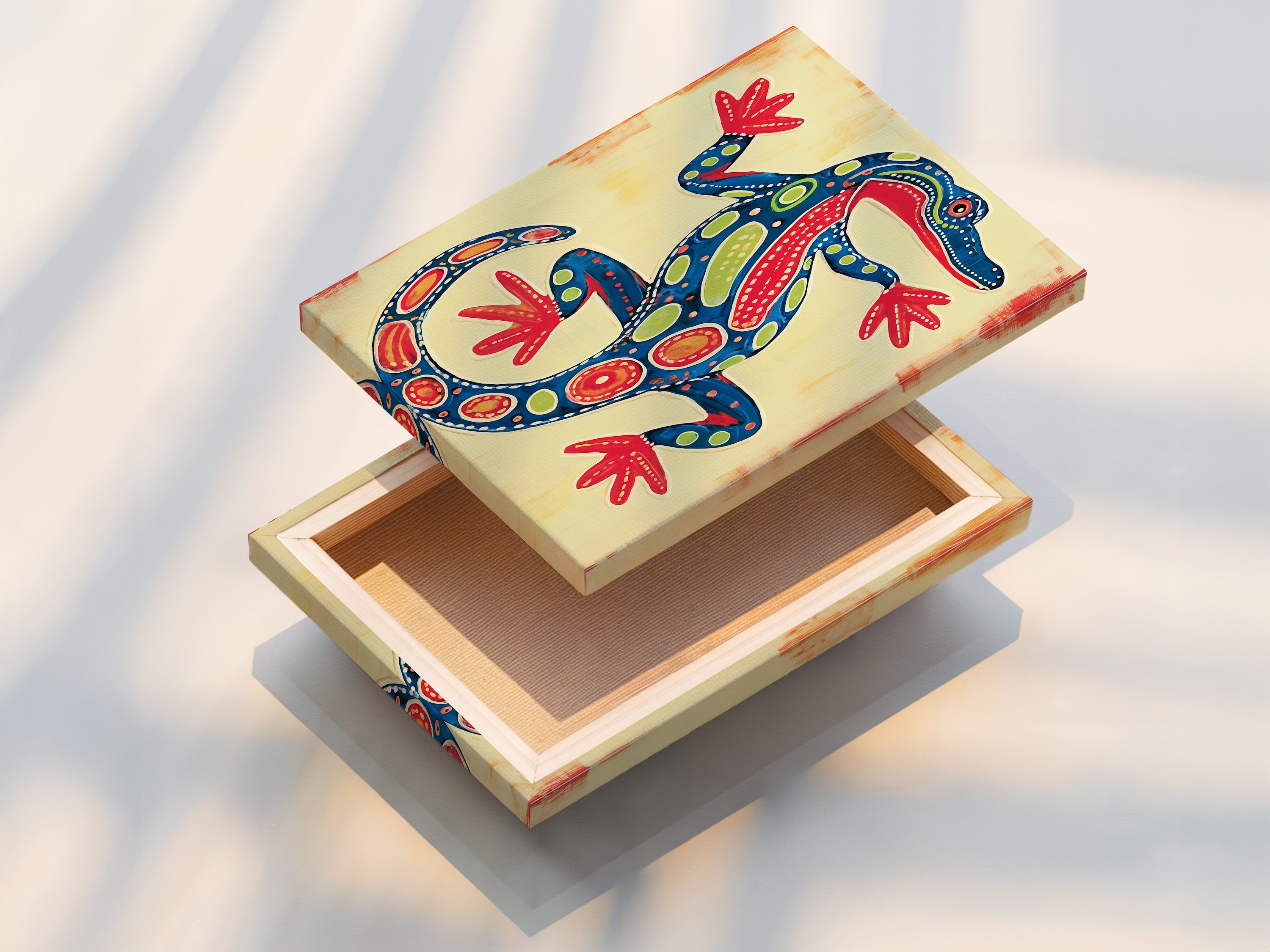 This stretched canvas print displays the vibrant lizard artwork. The canvas texture enhances the artwork's depth. The colorful reptile wall art is ready to hang. This stretched canvas is a perfect addition to any eclectic home. Enjoy the vibrant colors.