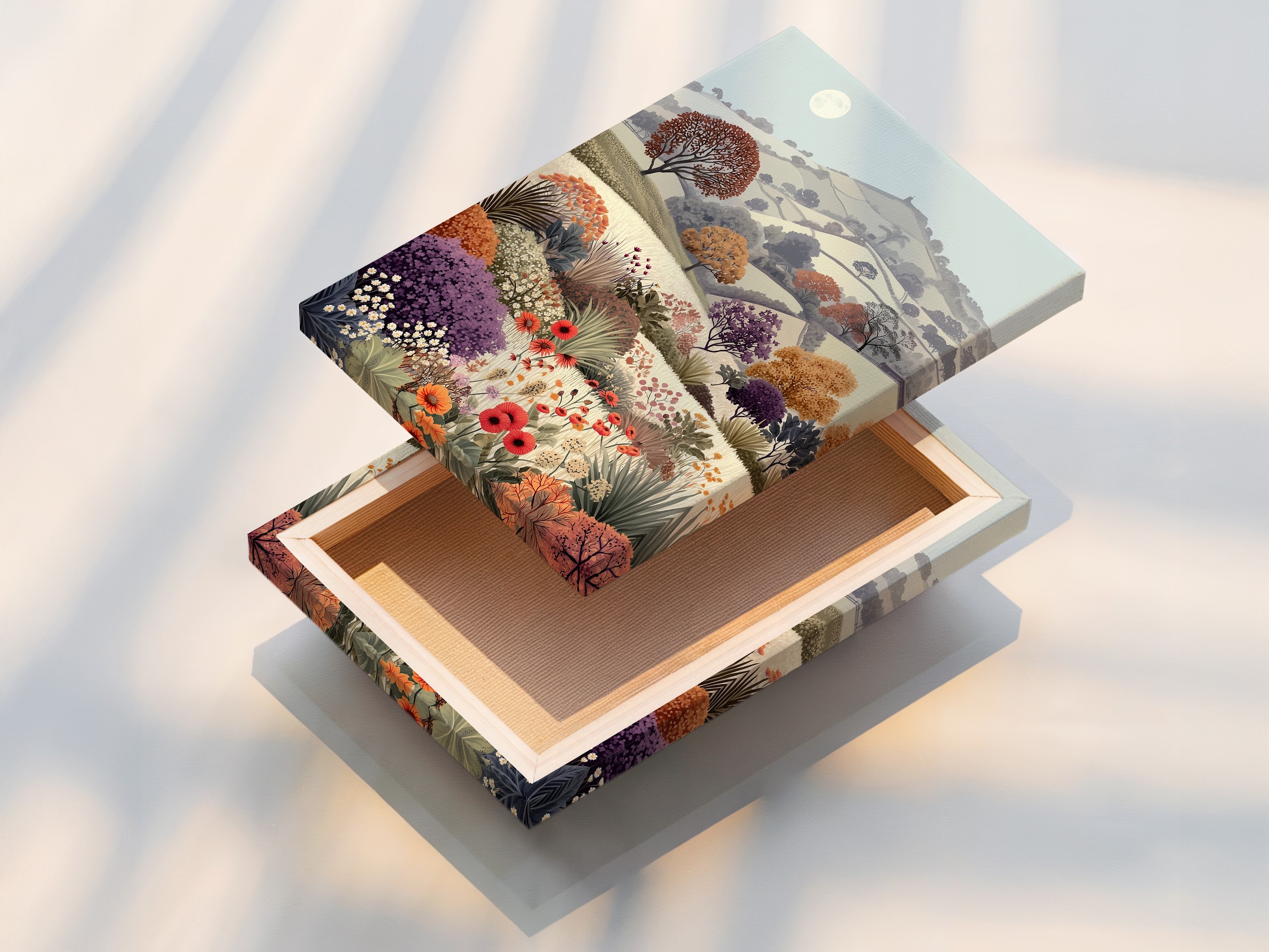 A stretched canvas print of Floral Meadow artwork. The vintage landscape features a flower field and countryside scenery. This botanical artwork brings a touch of rural charm. Its pastel colors and wildflower print add a cottagecore feel to any room. Ideal for study wall decor and nature lovers