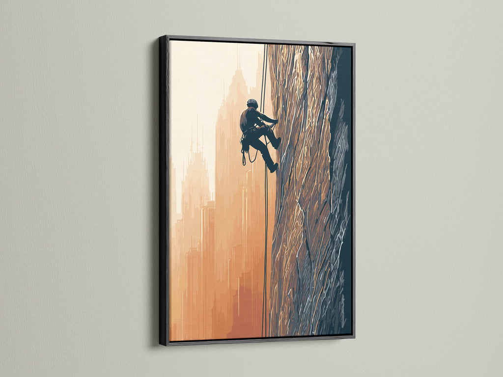 The rock climbing artwork is showcased in a black frame. The dark frame makes the colors pop. This sport wall art is great for gyms. The outdoor canvas brings adventure indoors.