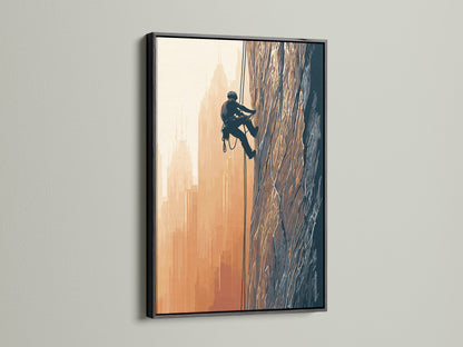The rock climbing artwork is showcased in a black frame. The dark frame makes the colors pop. This sport wall art is great for gyms. The outdoor canvas brings adventure indoors.