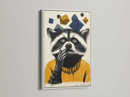 A delightful raccoon artwork is presented in a white frame. The whimsical animal art features a raccoon wearing a mustard yellow sweater. Geometric shapes in blue and yellow add a contemporary touch. This kids room decor is ideal for a nursery or playful space. The animal portrait art adds character to any wall.