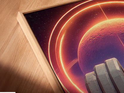 Angled close up of a canvas print in a floating frame. The artwork is a sci-fi gym art piece. This fitness wall art is a great addition to any home gym decor. It provides workout motivation.
