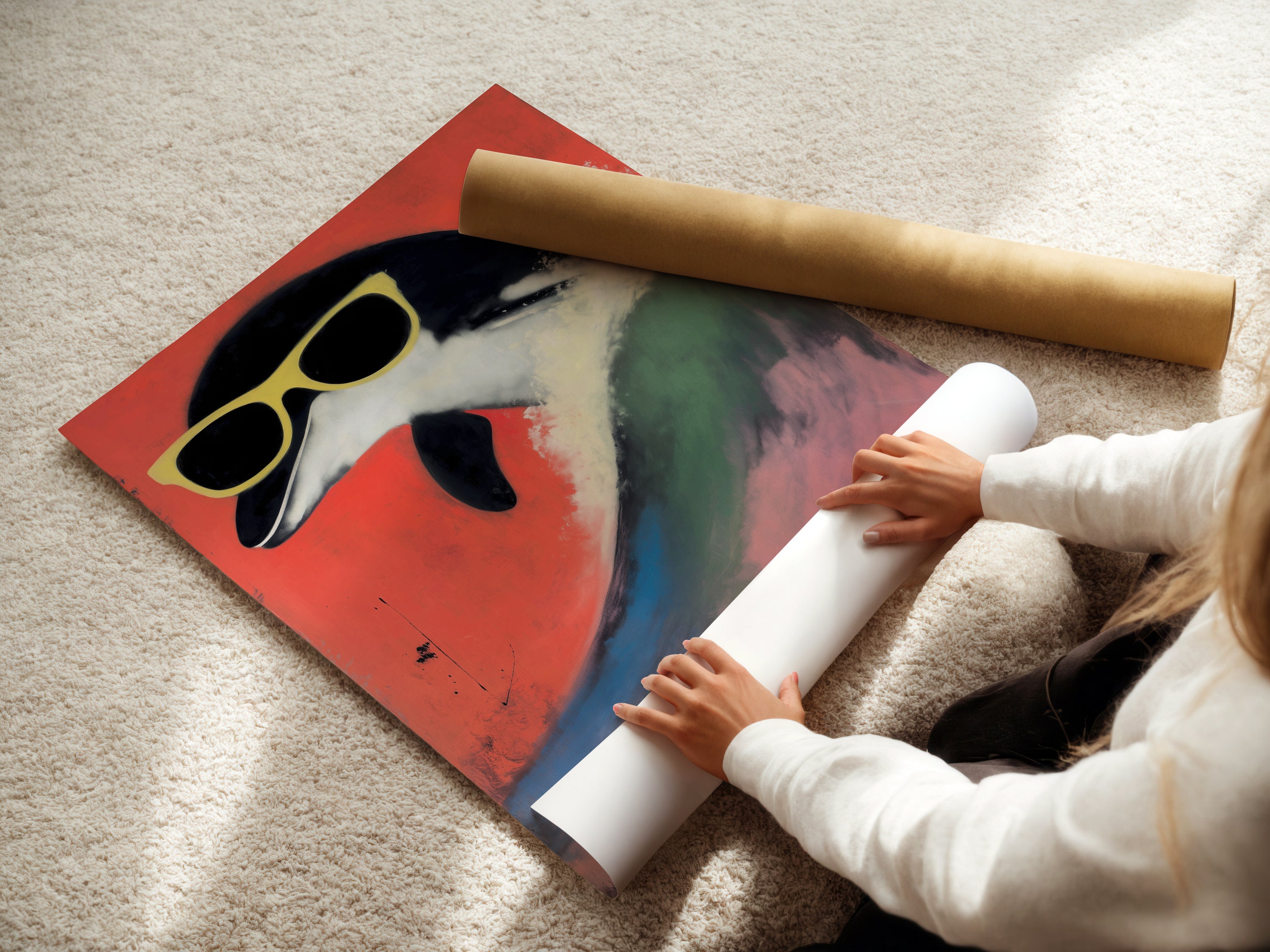 A woman rolls a fine art poster paper of a retro penguin artwork. This cool animal print is ideal for creating playful kids room decor. The quirky bird art features sunglasses against a red backdrop. This high quality poster paper ensures a vibrant and long lasting display. Perfect for adding a fun touch to any space with this colorful bird art.
