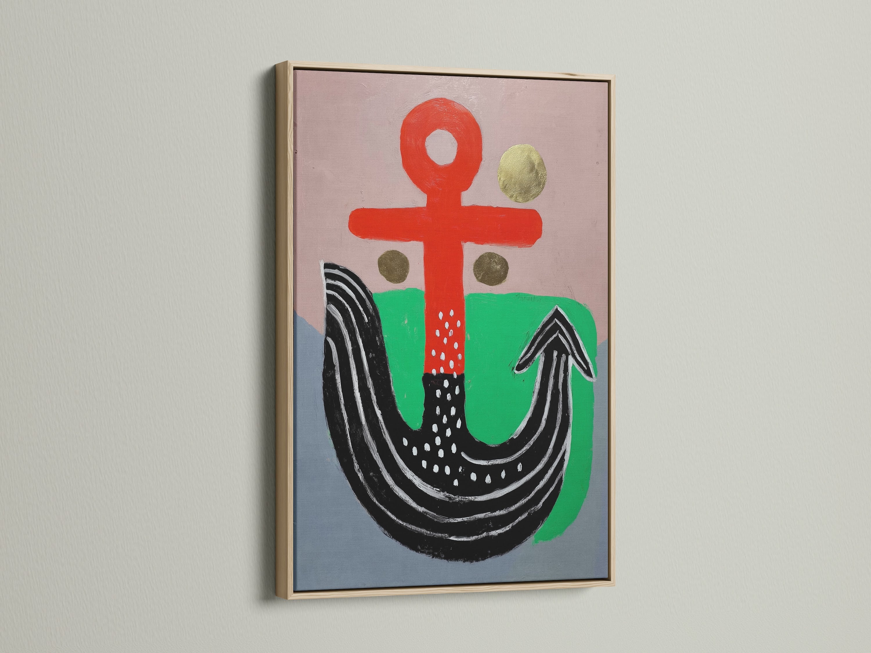 Abstract Anchor Canvas Print with an oak frame. The artwork features bold colors and a coastal theme. This nautical print adds a touch of modern style to any room. It's perfect for living rooms or beach houses.