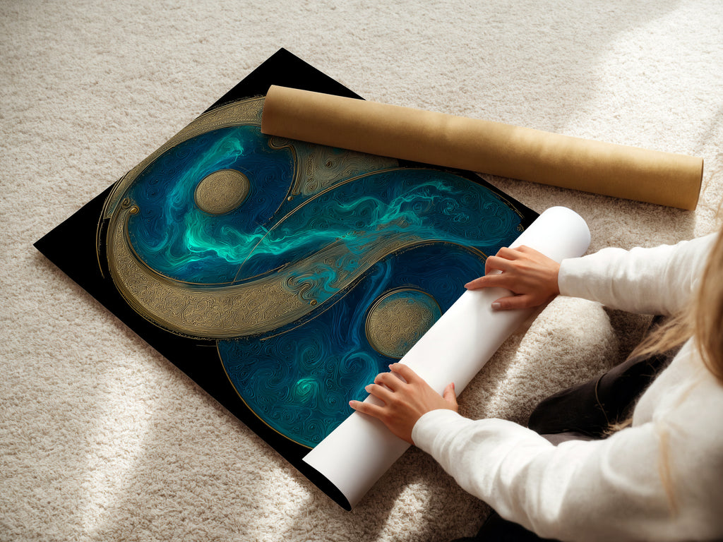 A woman is carefully rolling a fine art poster paper print. The print features Yin Yang art with teal blue and gold accents. This spiritual decor is perfect for minimalist and Scandinavian styles. Ideal for homeowners renters and interior designers. This zen wall decor brings balance to any room.