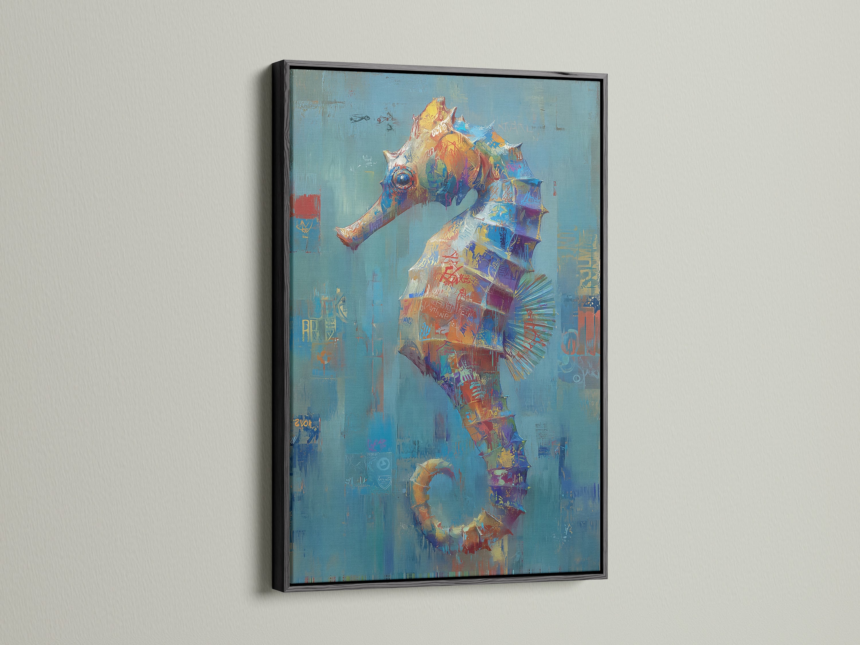 Seahorse abstract art print presented in a black frame. This ocean canvas print is a striking piece of marine art. Its abstract sea art design will complement any space. A great piece of coastal wall decor.