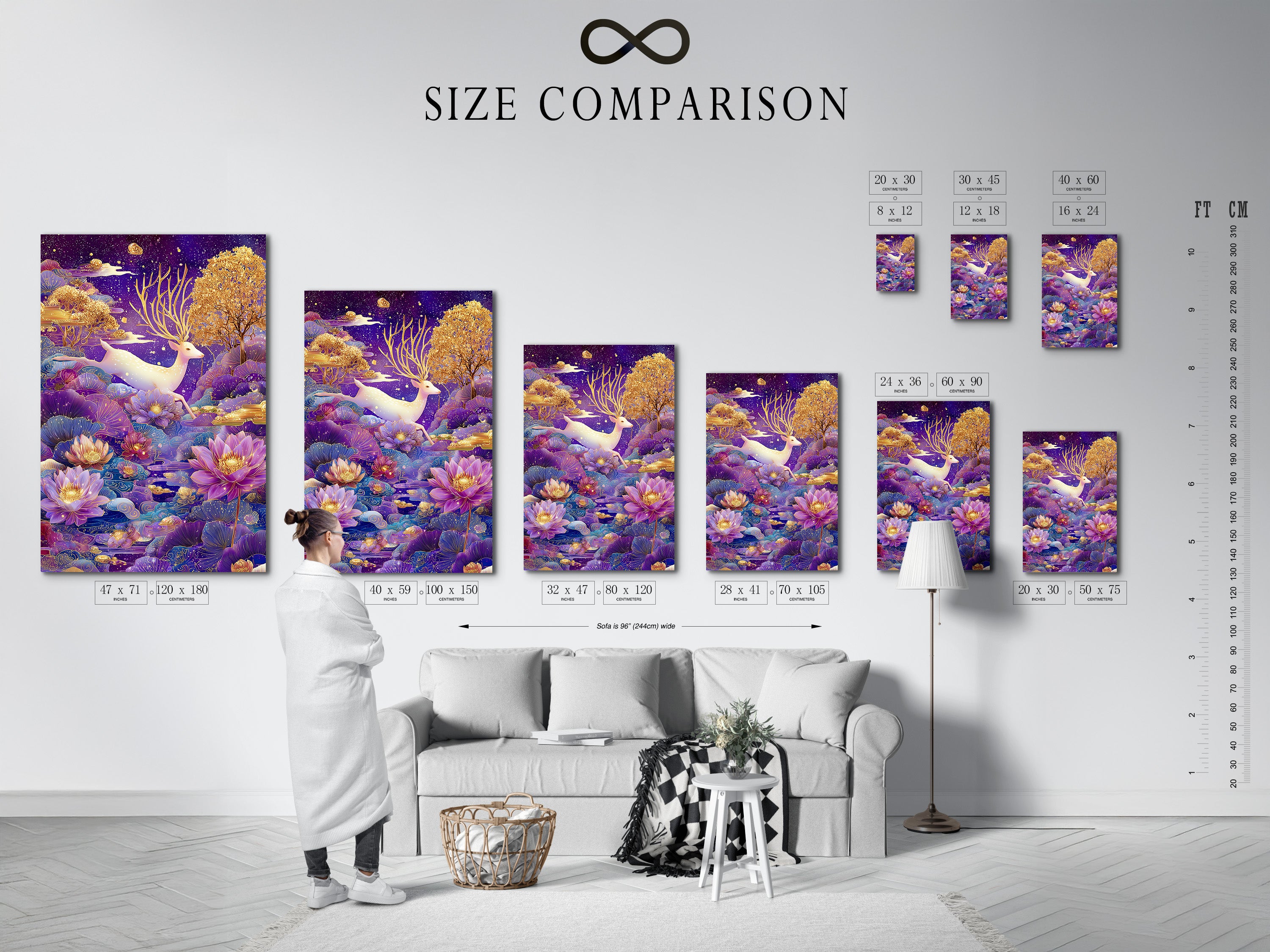 Size comparison chart featuring the Mystical Deer art print in an interior setting. Visualize the ideal size for your space. Perfect for planning your wall decor. Find the right fit for your living room or bedroom wall.