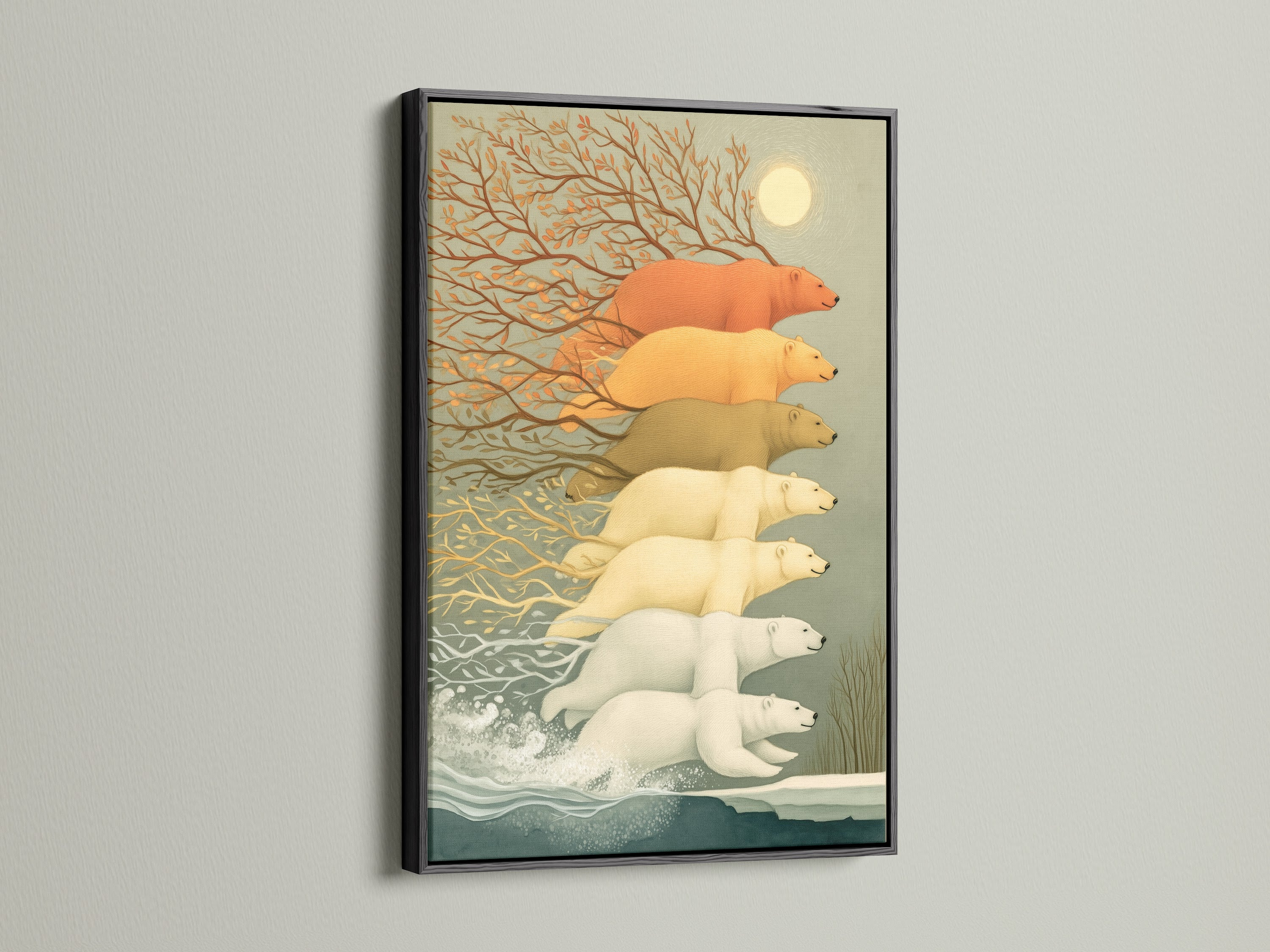 Polar Bear Canvas Art in a Black Frame. This piece brings arctic wildlife into your home. It is ideal for minimalist Scandinavian or contemporary styled spaces. Ocean waves add a calming touch. Perfect for kids' rooms playrooms classrooms and libraries.