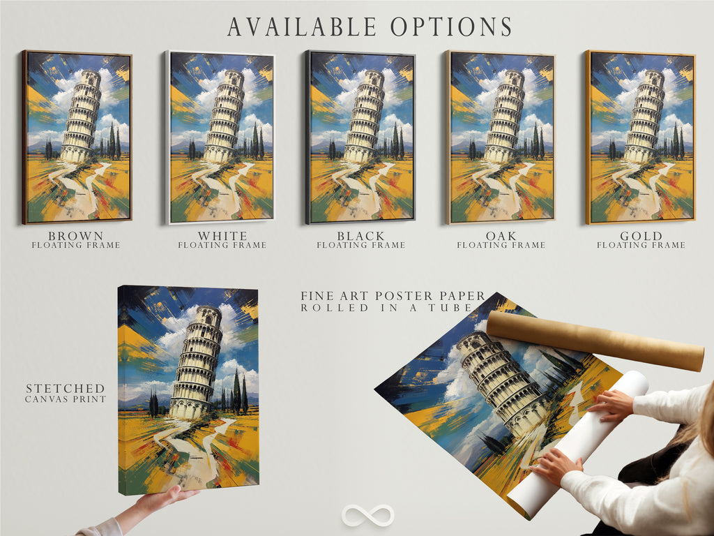 Discover the available options for your artwork. Choose from stretched canvas print fine art poster paper or a floating frame. This leaning tower art is perfect for any space and style. It is available now.