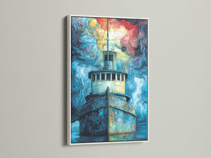 Fishing Boat artwork in a white frame. Browse our selection of nautical canvas prints. This stormy seascape artwork adds a serene touch to any room. The boat wall art is perfect for coastal themed decor. This piece enhances living rooms offices studies dens lounges and boardrooms. The fine art is eye catching.