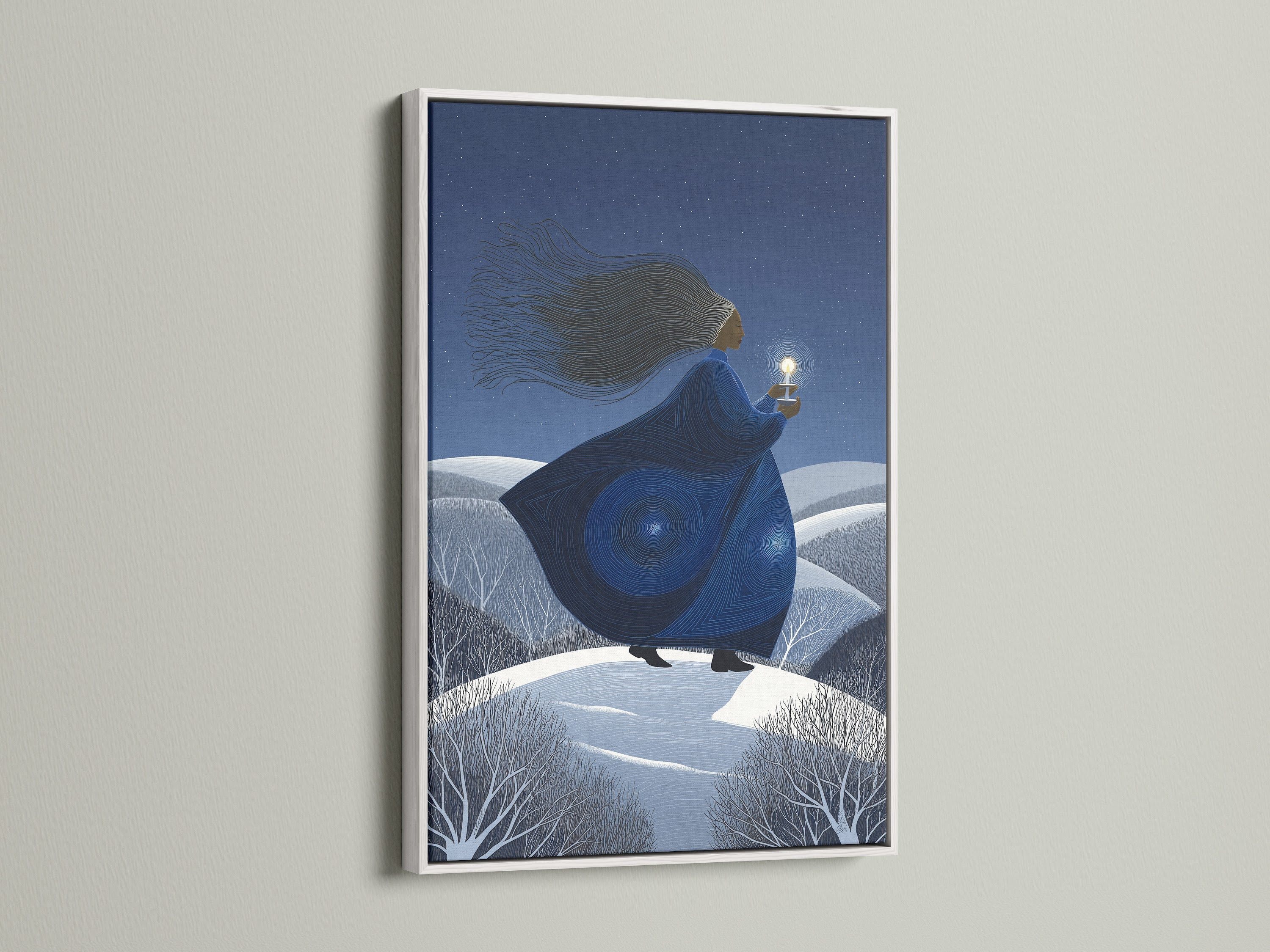 Mystical Woman canvas print in a white frame. The surreal art print captures a moonlight canvas. Elevate your home with ethereal figure art. It features a woman with a lantern. This blue starry night art is perfect for bedroom wall decor.