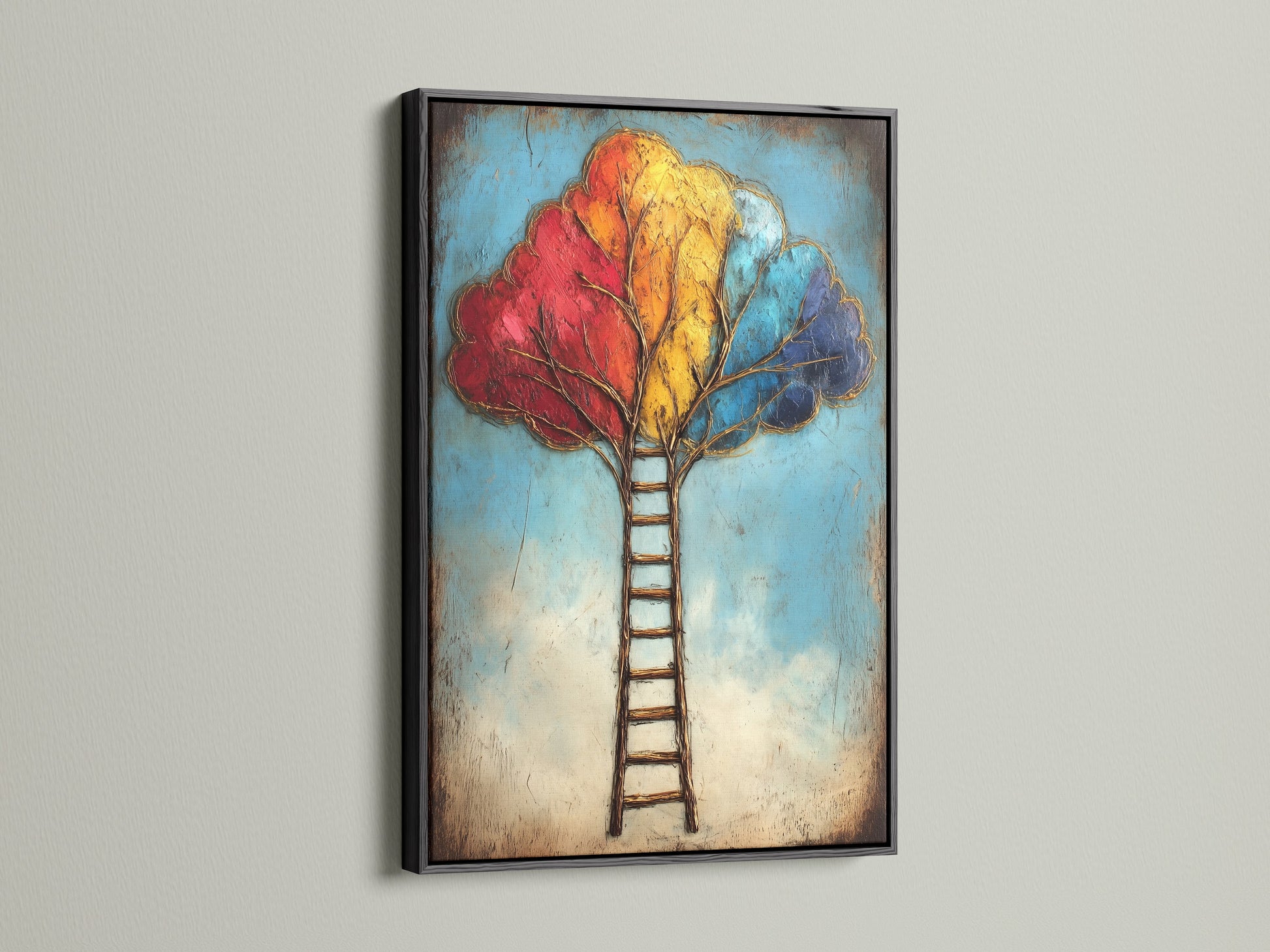 The Colorful Ladder Tree Art is elegantly framed in black. This modern art piece adds sophistication to any room. The ladder and tree motif symbolizes ambition and growth. Elevate your wall decor with this abstract canvas print.