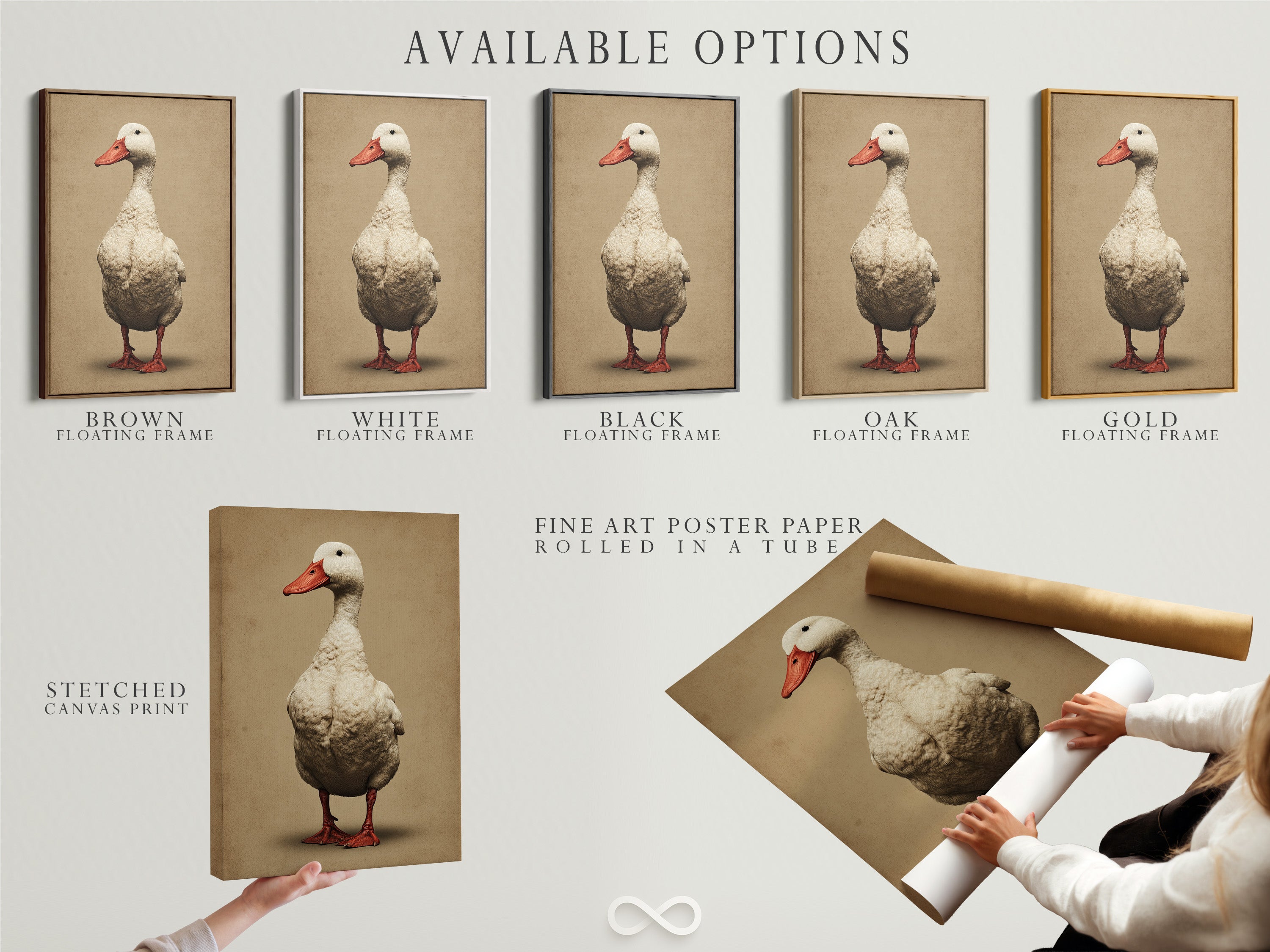 Available options for vintage duck artwork. Choose from a stretched canvas print fine art poster paper or a floating frame. Enhance your farmhouse decor with this rustic animal artwork. Perfect for any country home.