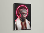 The 'Pope Monkey' art print is framed in black. This provides a bold contrast to the neon halo. The religious artwork makes a statement. The black frame enhances the contemporary art. It is ideal for adding quirky decor to your office or home.