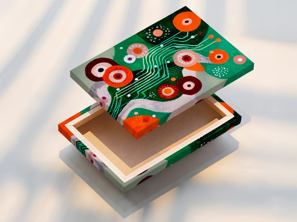 This image features a stretched canvas print ready to hang. The modern abstract art includes retro geometric patterns. The colorful mid-century print adds a vibrant touch. This artwork is perfect for enhancing office decor. Ideal for contemporary art lovers.