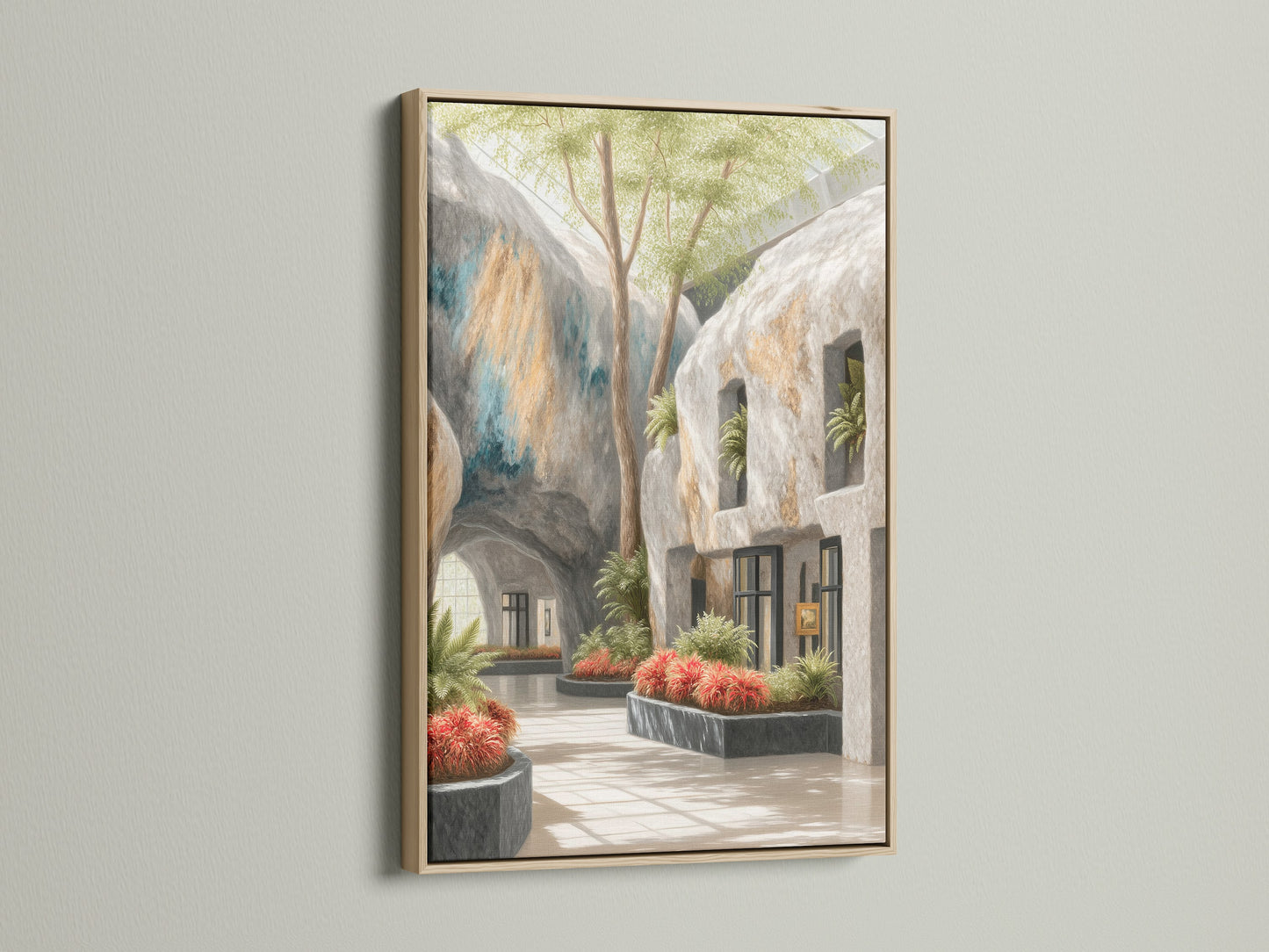 The Architectural Atrium artwork is showcased in an oak frame. This botanical garden art enhances any room. Modern gallery artwork brings the outdoors inside. It's ideal for adding a contemporary touch to your home or office. The oak frame complements the artwork beautifully.
