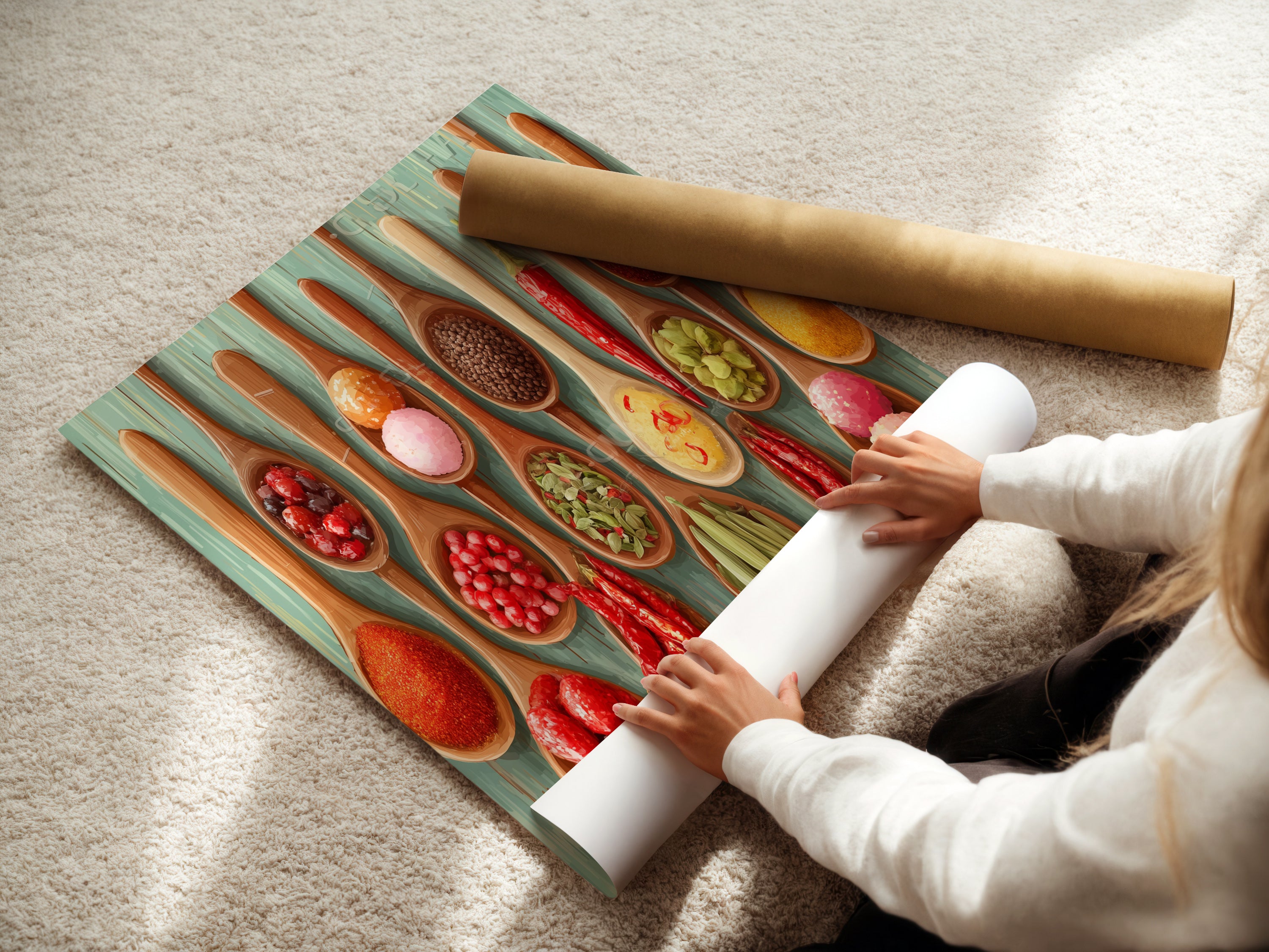 A woman is carefully rolling a fine art poster paper. This paper will be used for the spice spoons artwork. The kitchen art will be printed on this high-quality material. This foodie decor is perfect for any home. Choose fine art poster paper for your prints.