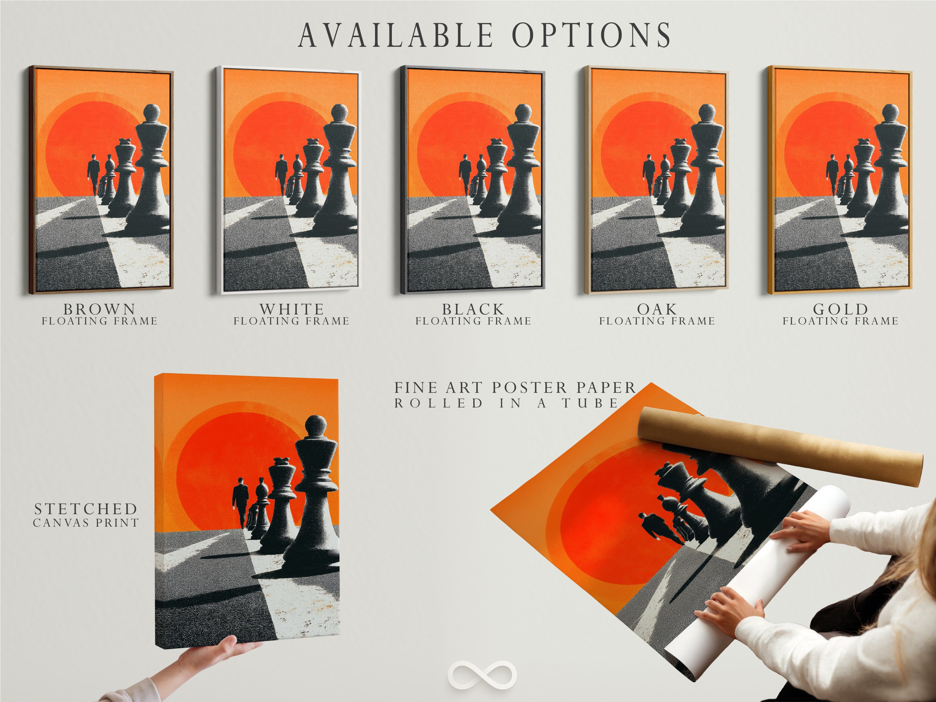Available options including stretched canvas print fine art poster paper and floating frame. This showcases the variety of choices. Find the perfect style to match your taste. Enhance your artwork with custom options. Explore framing and printing possibilities today. The artwork features chess pieces and a figure walking towards a red sun.
