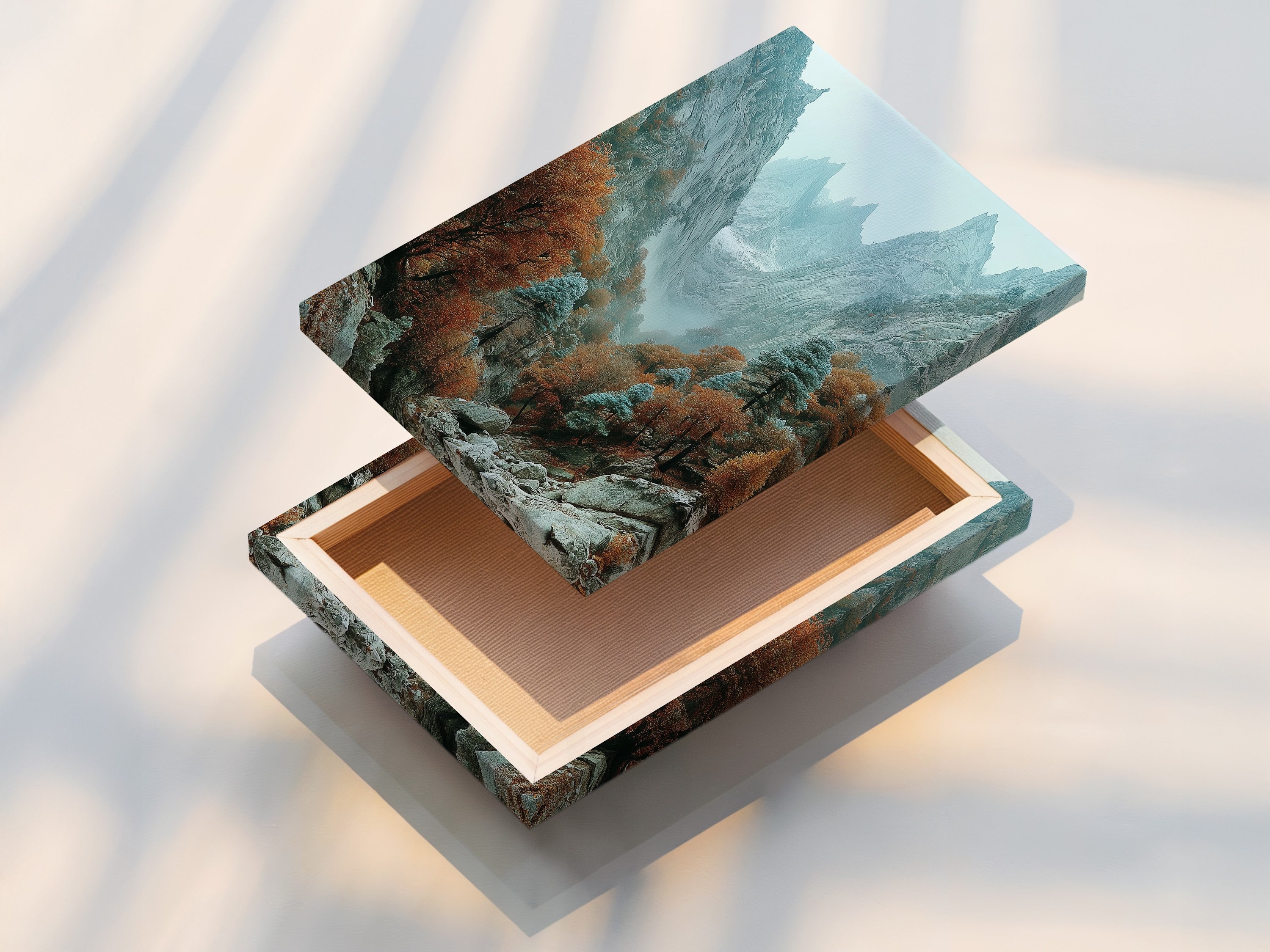 Stretched canvas print of a mountain valley art piece. The autumn landscape captures a misty canyon scene. This ready-to-hang artwork brings the beauty of nature into your living space. Ideal for rustic or lodge-style decor.