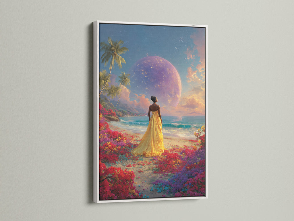 Framed artwork featuring a woman in a yellow dress on a beach with a planet in the sky. The frame is white. It offers a clean simple look. This artwork will brighten up any space. Consider our white frame option.