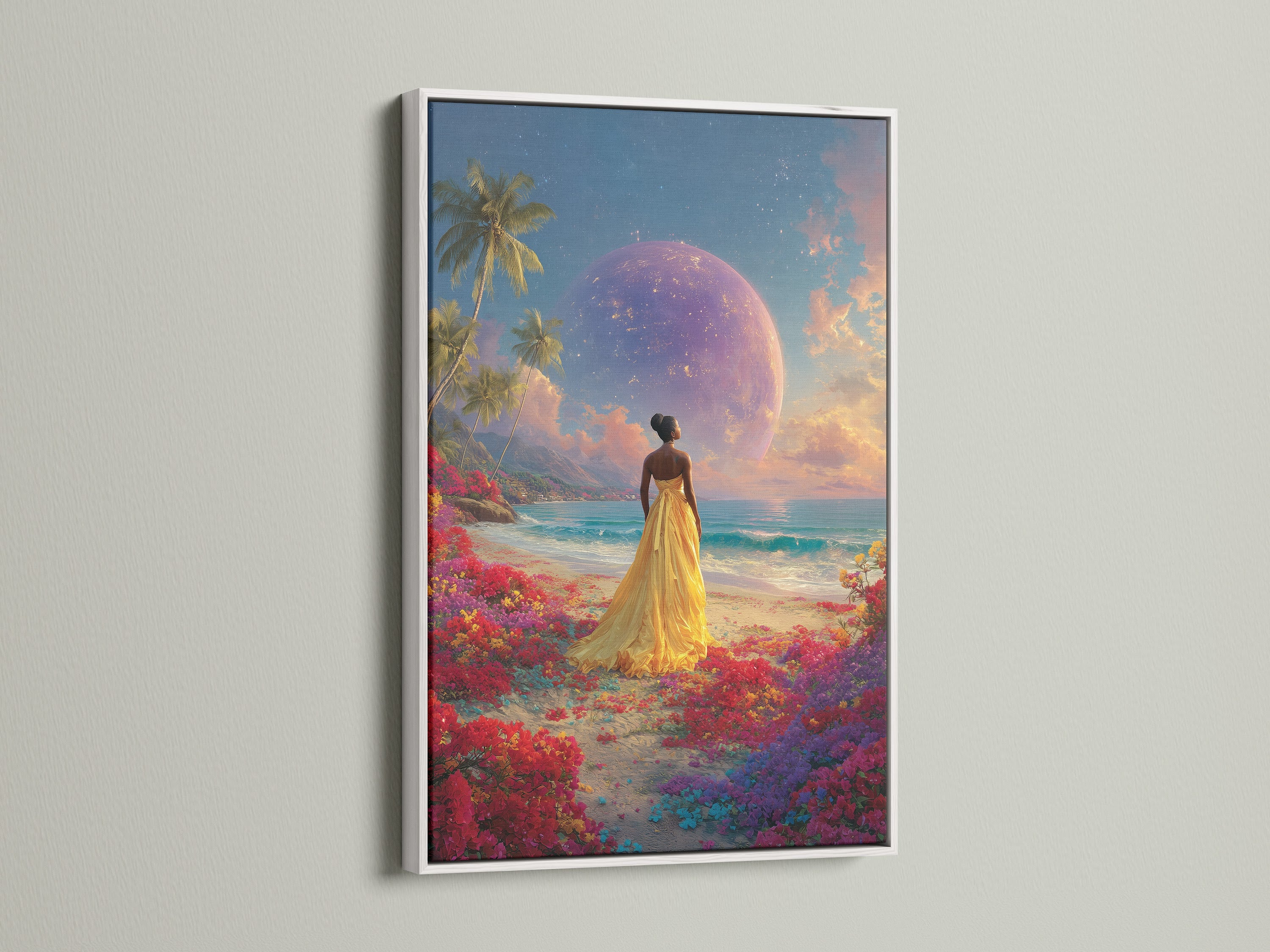 Framed artwork featuring a woman in a yellow dress on a beach with a planet in the sky. The frame is white. It offers a clean simple look. This artwork will brighten up any space. Consider our white frame option.