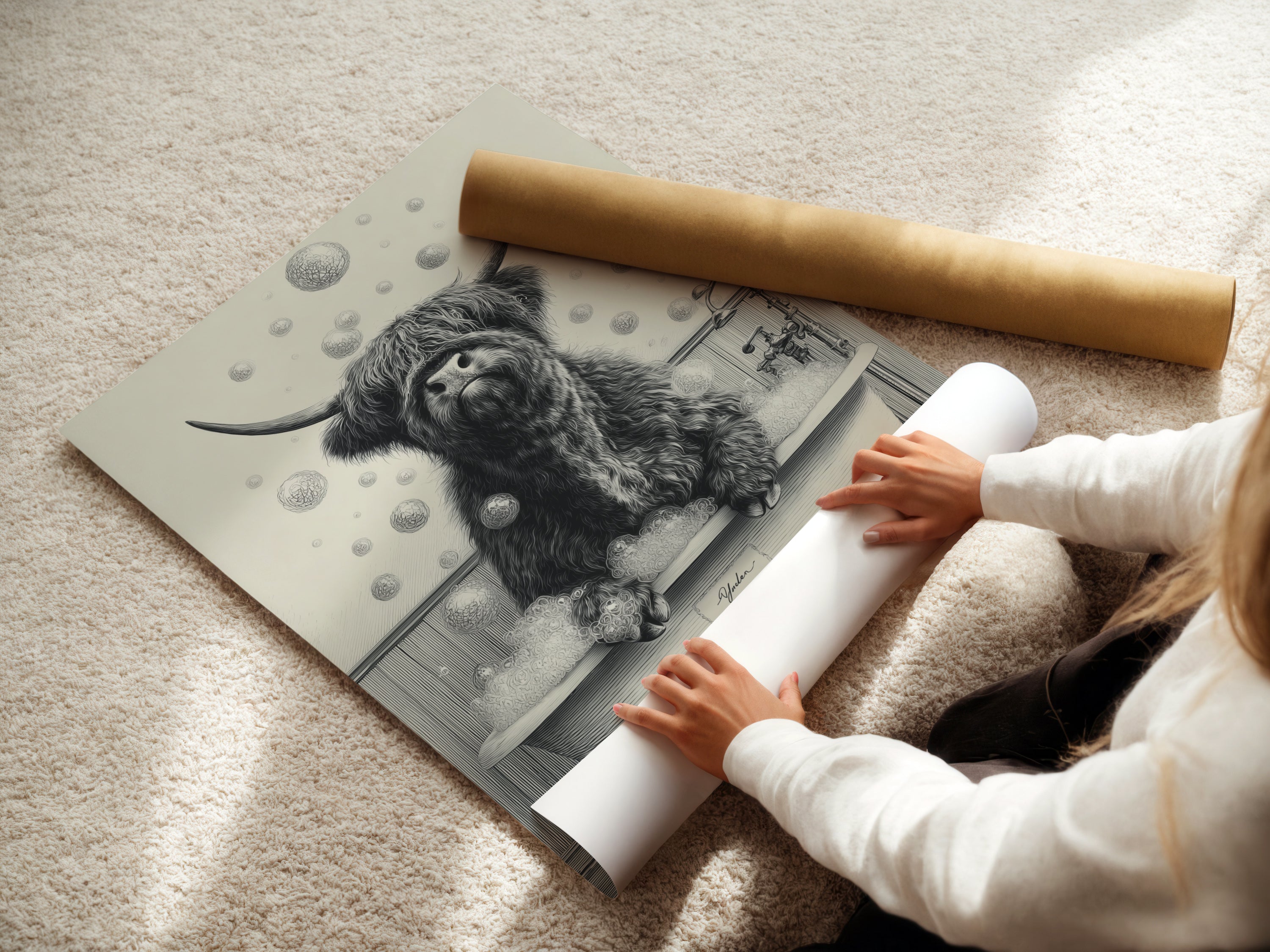 A woman is carefully rolling a fine art poster paper. The paper will feature the highland cow art. This farmhouse animal poster is perfect. It's great for creating funny bathroom wall art. This unique wall art is ideal for animal lovers.