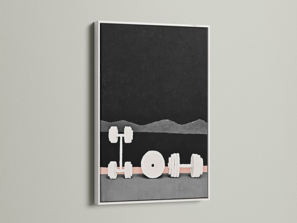 A white frame showcases modern gym weights artwork. This fitness wall art features an abstract dumbbell design. The white frame complements any gym decor. It is a perfect gift for fitness fanatics. The clean white look brightens up your workout space. It's a stylish print.