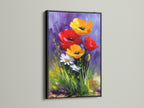 This is a framed floral artwork in a sleek black frame. The floral art piece features a mix of vibrant colors. The black frame offers a classic sophisticated touch. It accentuates the artwork's vivid details.