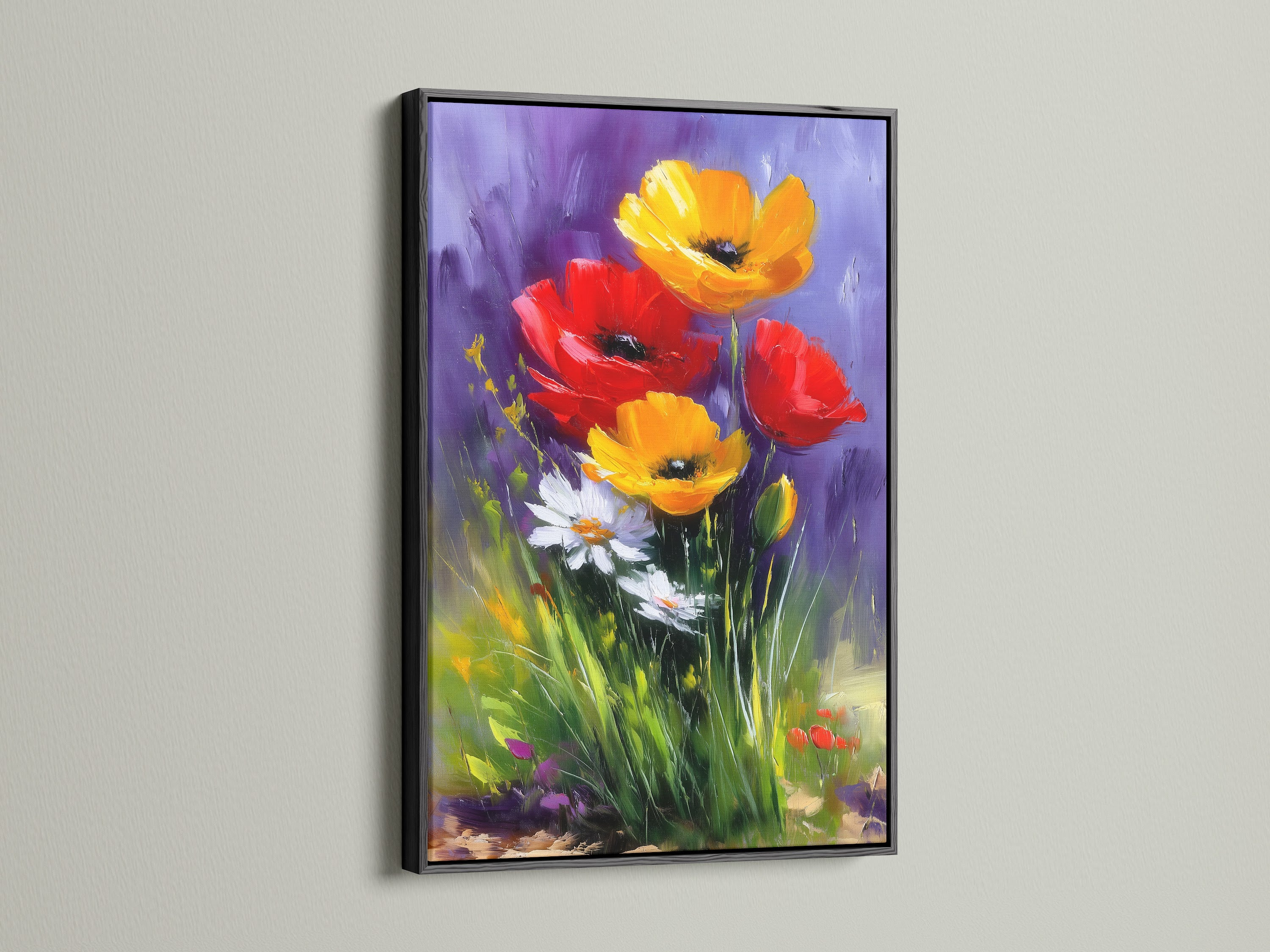 This is a framed floral artwork in a sleek black frame. The floral art piece features a mix of vibrant colors. The black frame offers a classic sophisticated touch. It accentuates the artwork's vivid details.