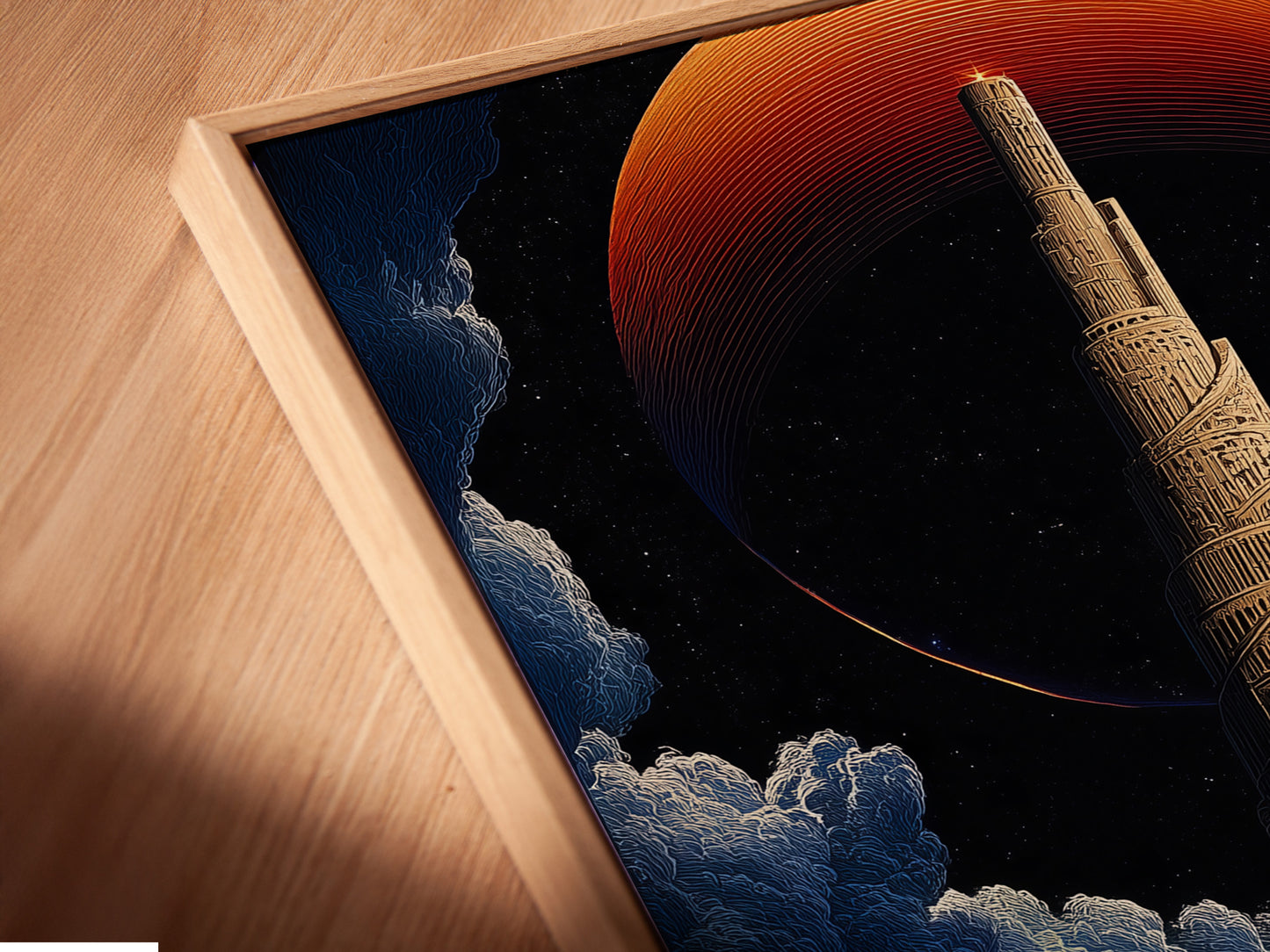 This close-up shows the Tower of Babel canvas print in a floating frame. The floating frame enhances the artwork's surreal wall art. This biblical art print appears to float adding a unique touch to your gallery wall. Perfect for gothic interiors.