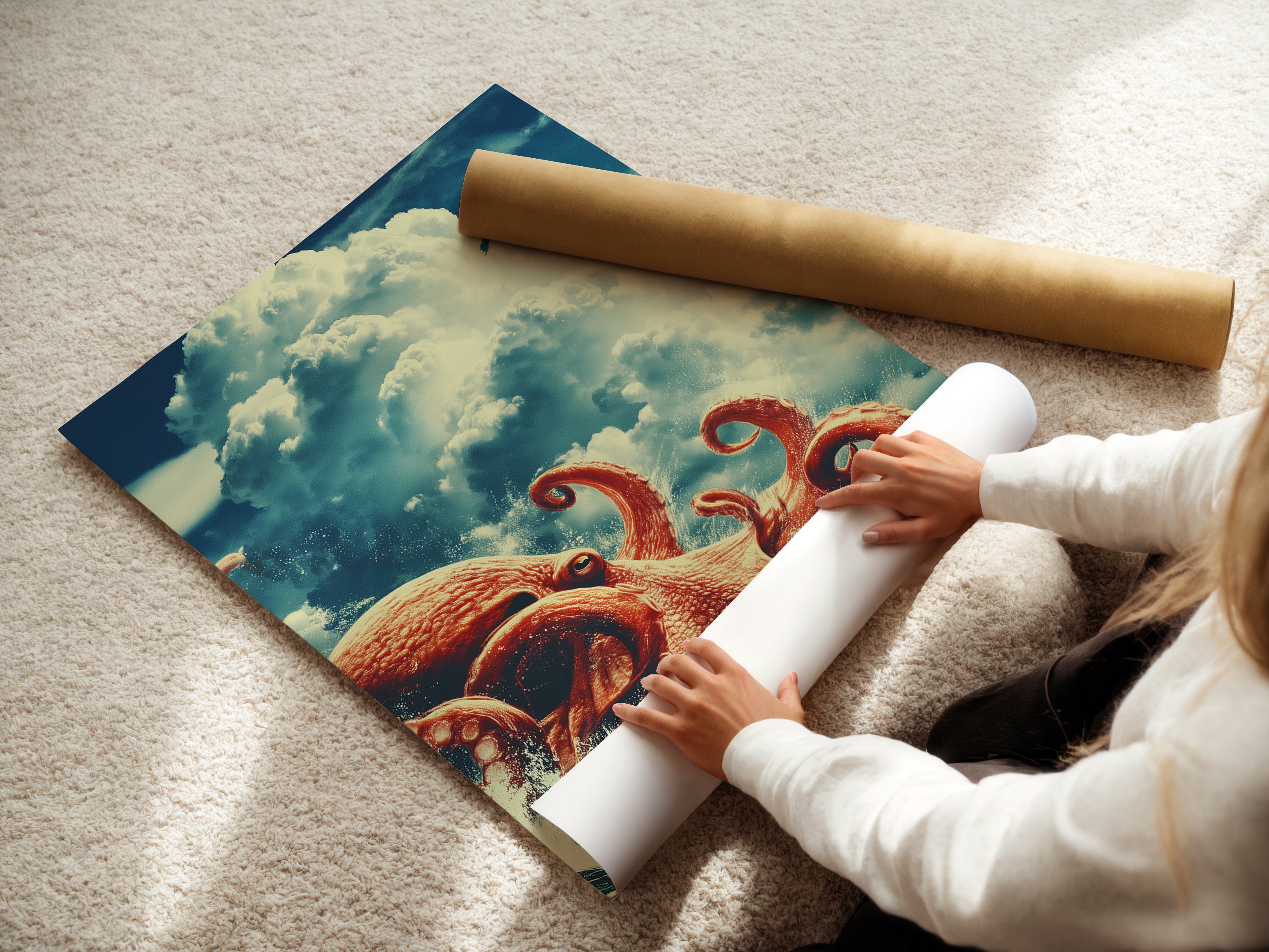 A woman is carefully rolling a fine art poster paper. This shows the care taken in handling our art prints. The fine art poster paper ensures high-quality reproduction. It is perfect for displaying detailed artwork. Get ready to frame your favorite piece.