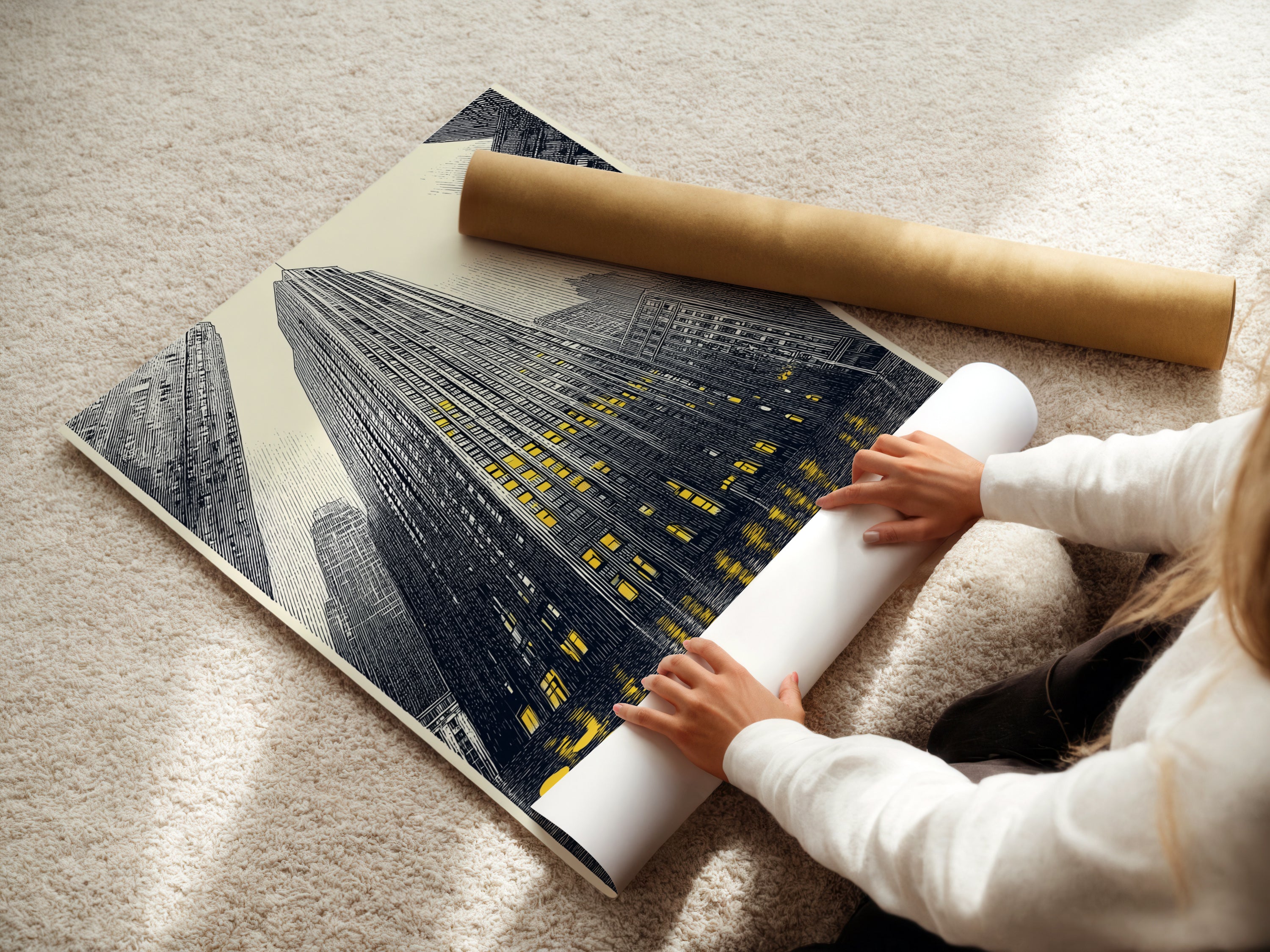 A woman carefully rolls a fine art poster paper. The paper showcases a cityscape artwork. This urban skyscraper print is ready to be framed and displayed. Ideal for modern architecture enthusiasts and collectors of fine art.