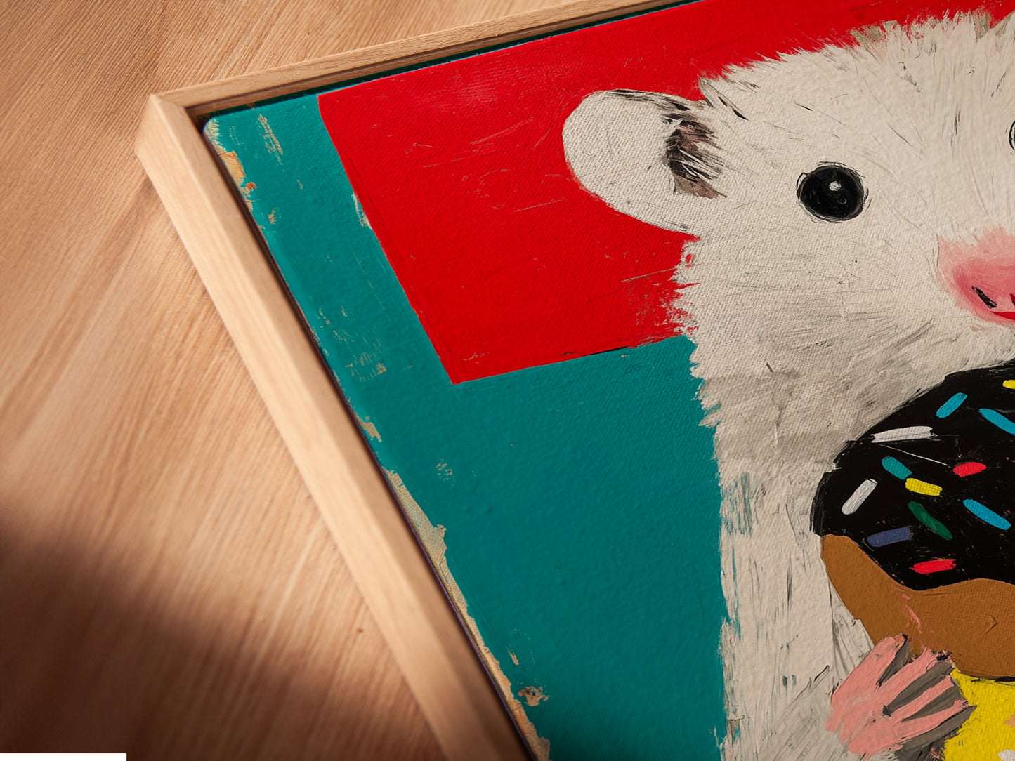Angled close up of a canvas print in floating frame. This hamster wall art is perfect for parents decorating a nursery. Add a playful piece to your art collection. This is kawaii wall art.