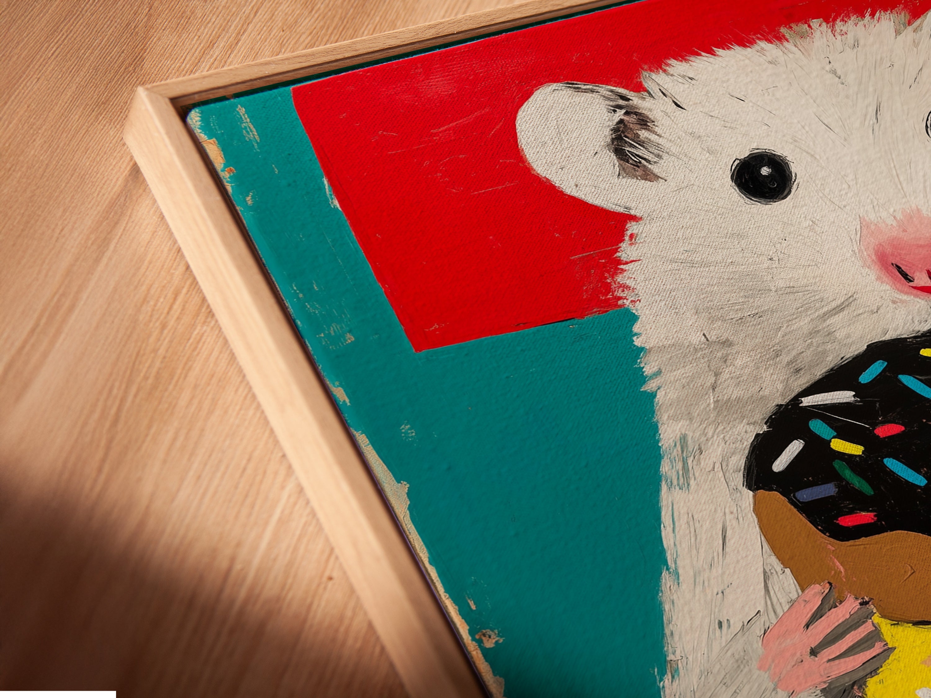 Angled close up of a canvas print in floating frame. This hamster wall art is perfect for parents decorating a nursery. Add a playful piece to your art collection. This is kawaii wall art.