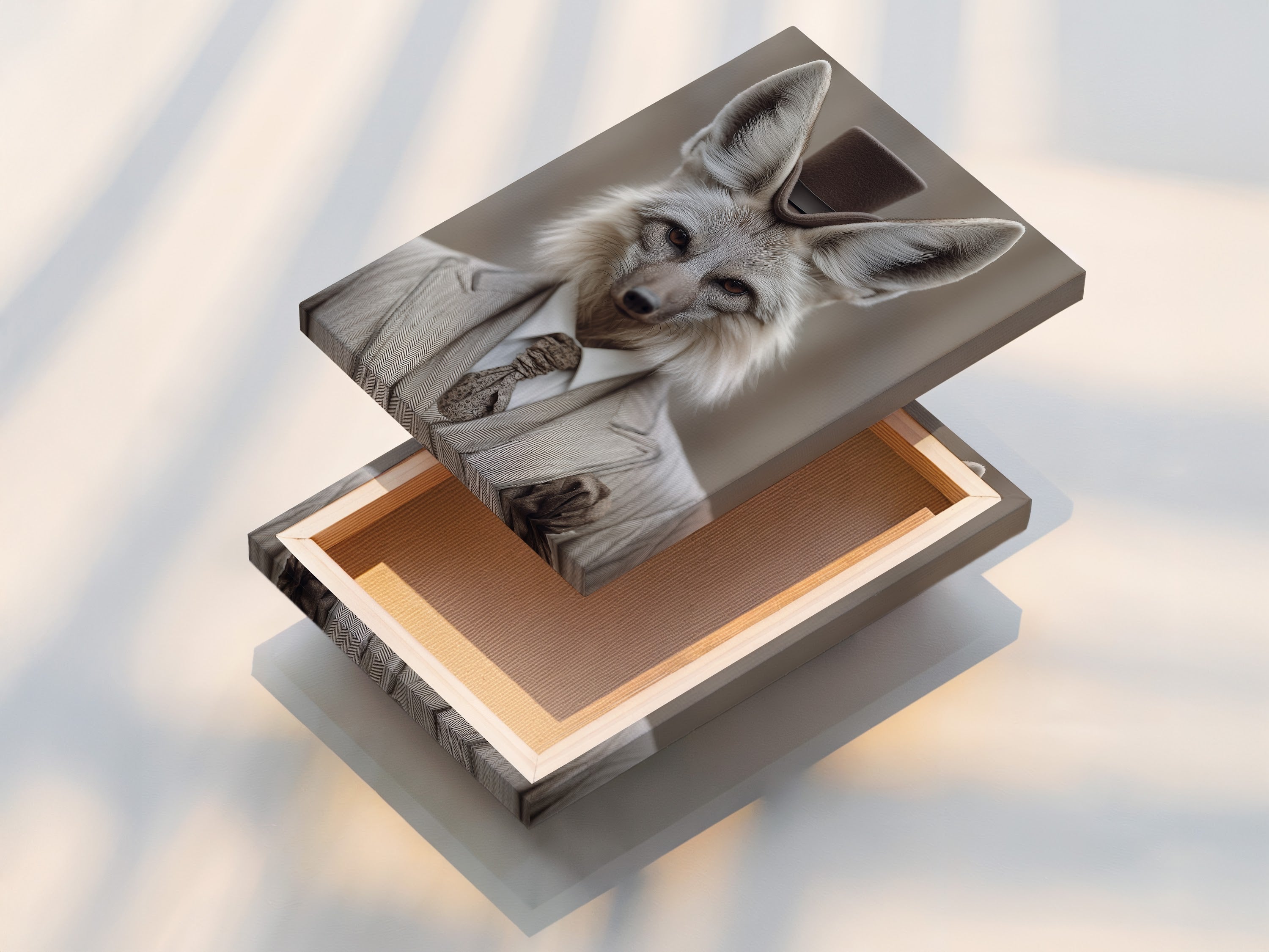 A stretched canvas print of the Fox Gentleman artwork is displayed. This dapper animal print is perfect for adding a touch of Victorian style to any study room. This stretched canvas print offers a gallery-wrapped look. It is ideal for professionals academics and those with a fondness for unique vintage-inspired decor.