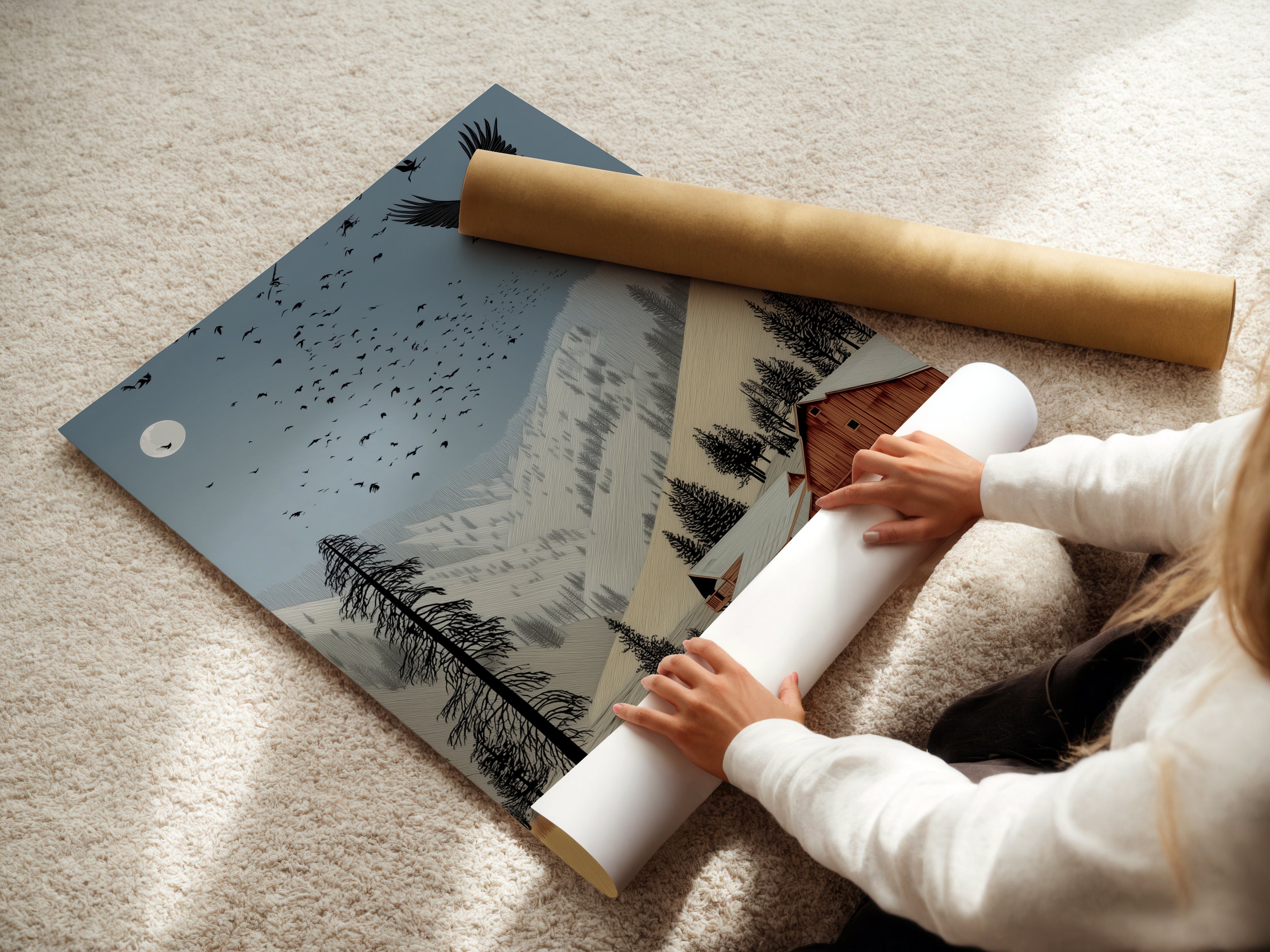 A woman is carefully rolling a fine art poster paper. The rustic farmhouse artwork features an eagle over a barn. This vintage landscape poster is perfect for cabin decor. The fine art paper ensures high-quality reproduction of the detailed artwork. Ideal for framing.