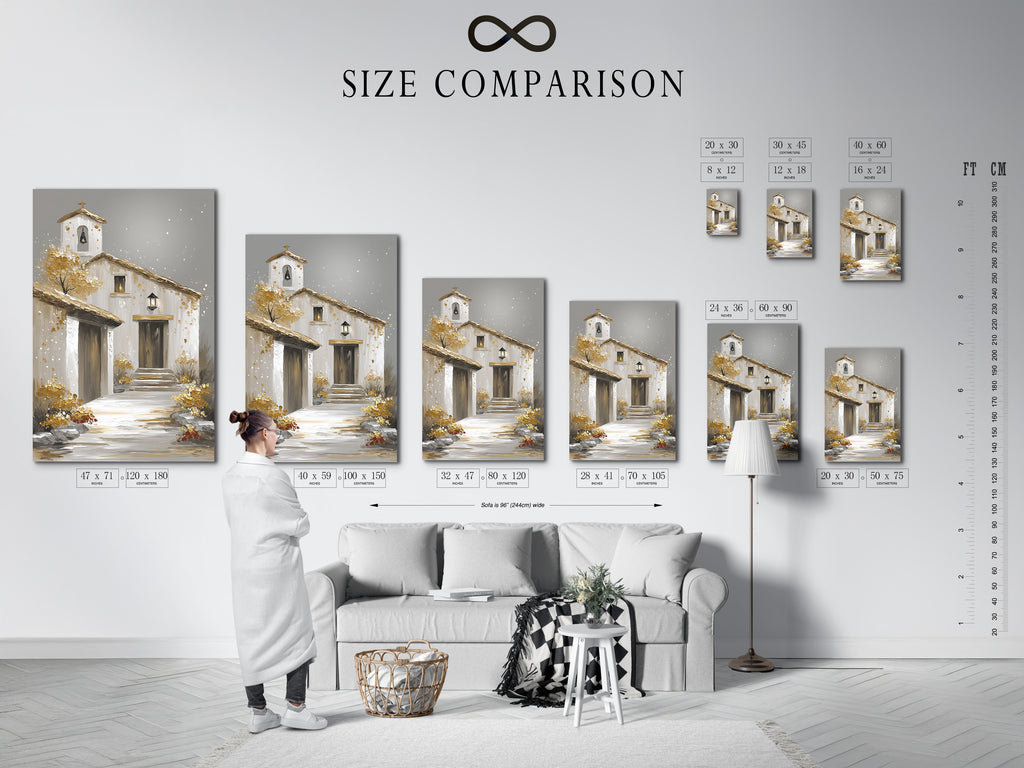 Size comparison chart in an interior setting. The chart shows different sizes of artwork. It helps you visualize how the artwork will look in your home. This chart is useful for making informed decisions. Choose the perfect size for your space with confidence.