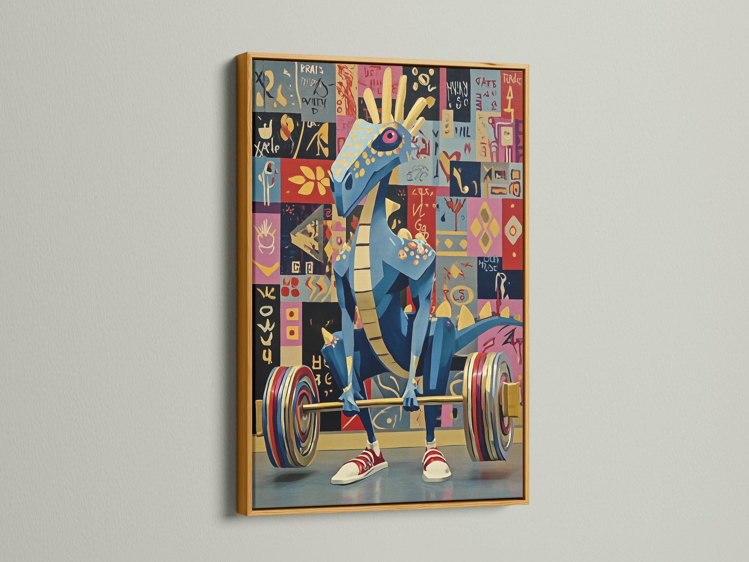 Weightlifting dragon artwork highlighted in a gold frame. This striking pop art displays a blue dragon lifting weights. It adds a touch of luxury to gym wall decor. This funny artwork brings color and inspiration to any fitness studio. A perfect gift for weightlifters.