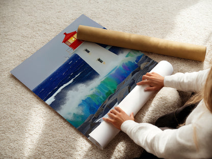A woman carefully rolling a fine art poster paper of a lighthouse print. The fine art paper ensures high-quality reproduction. This coastal artwork is ready for framing or display. Perfect for adding a nautical touch. Seascape art.