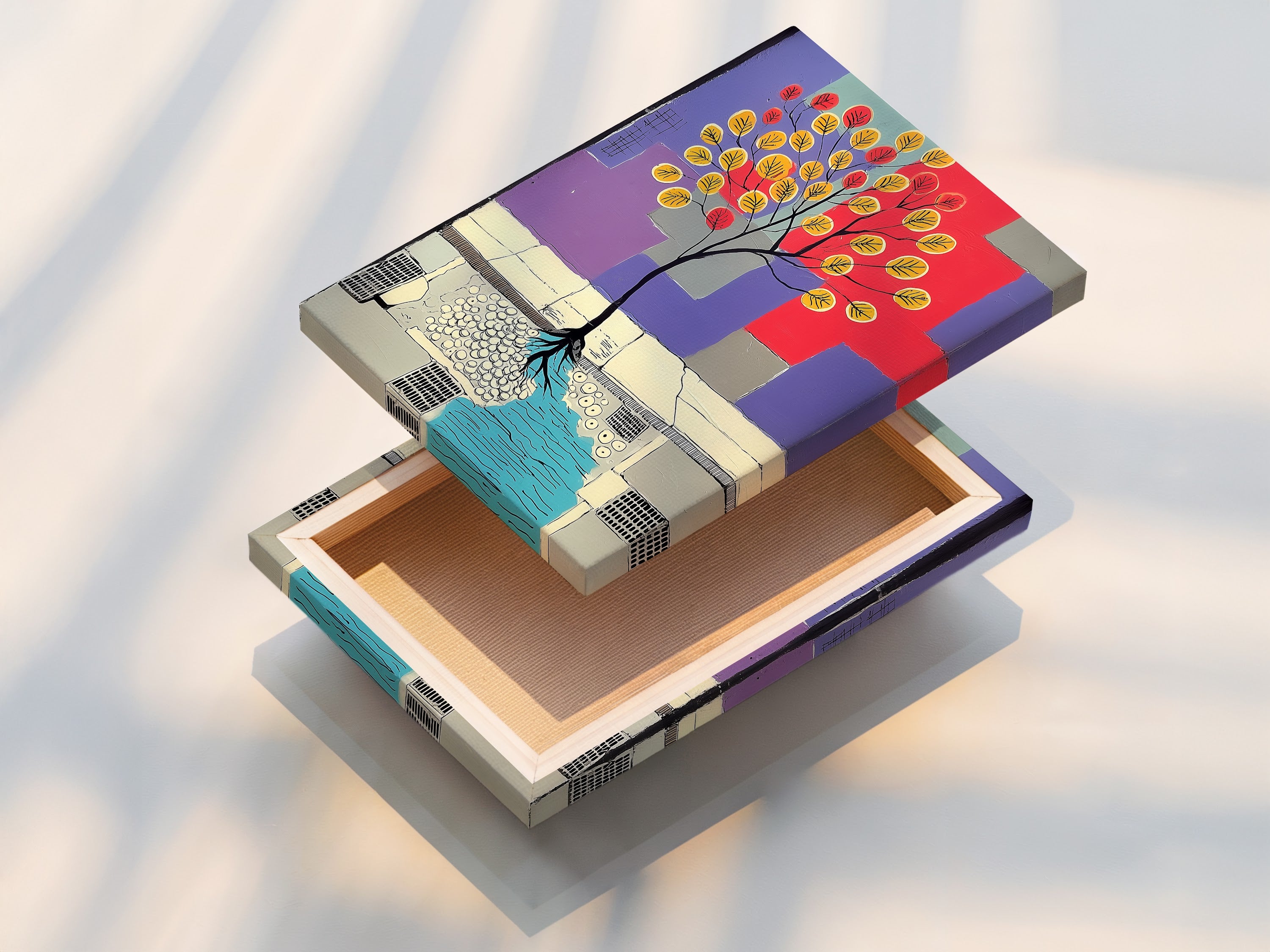 A stretched canvas print showcasing the Abstract Tree artwork. The stretched canvas provides a gallery-ready look. Perfect for living rooms offices and studios. This colorful geometric art adds a modern touch. It will enhance any wall with vibrant colors.