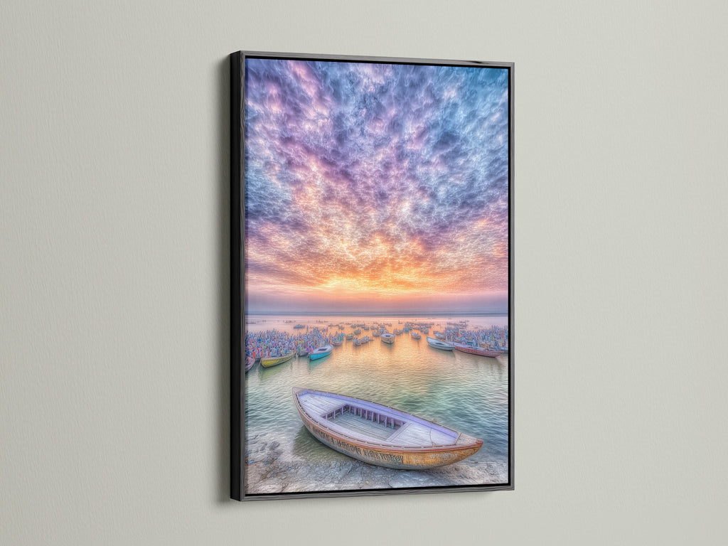 Harbor Sunset artwork presented in a black frame. This coastal wall art captures the beauty of fishing boats at sunset. The black frame adds a touch of sophistication to the piece. The seascape photography brings a sense of calm to any room. Ideal for minimalist or modern interiors seeking a serene focal point.
