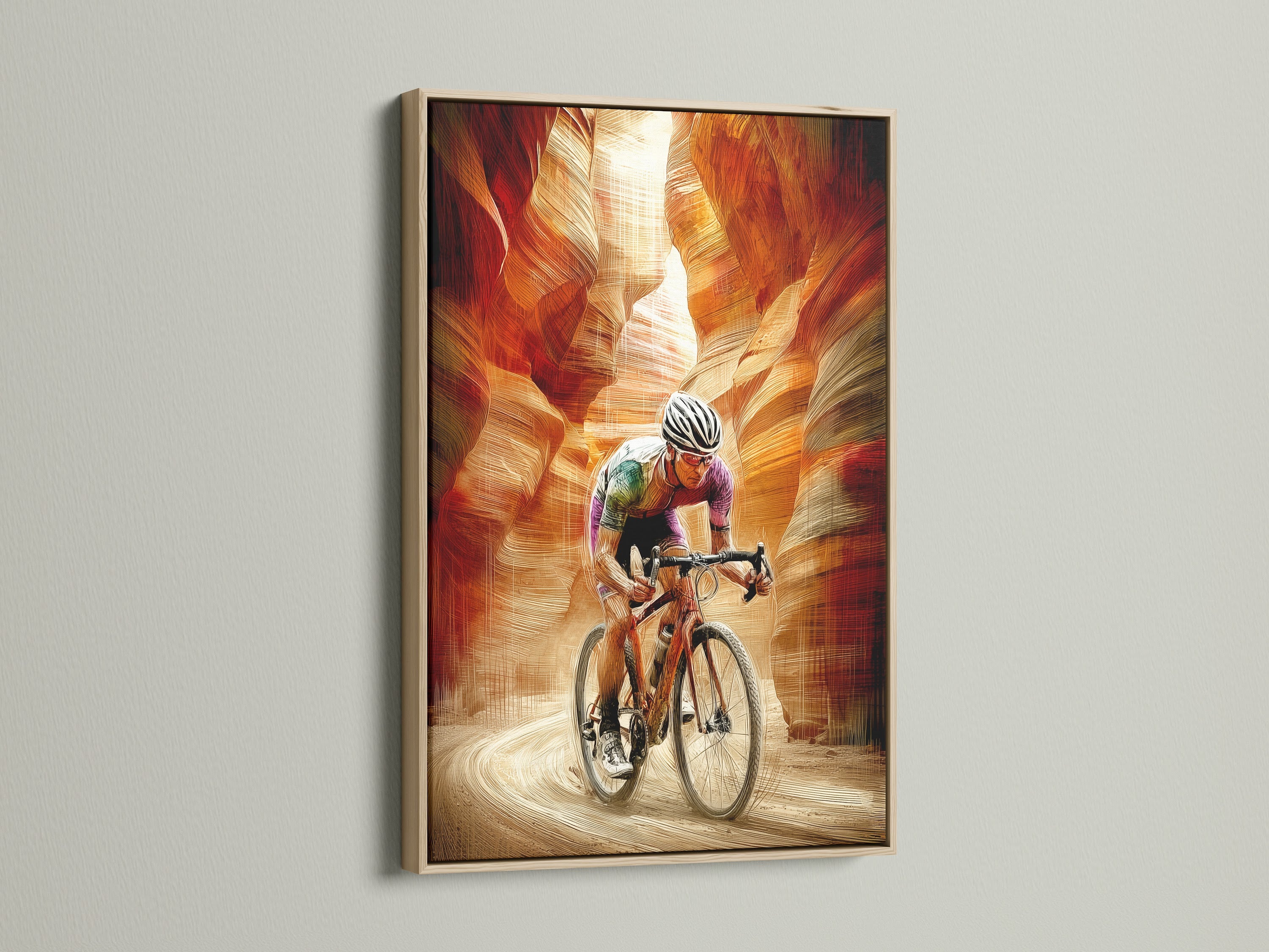 A cyclist art print framed in a natural oak frame. The artwork depicts an athlete riding through a canyon. This cycling art adds a touch of adventure to any room. It's great for sports enthusiasts and modern interiors.