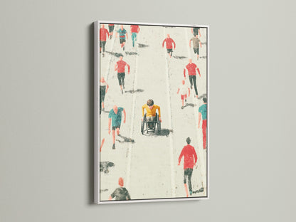 Marathon Runners artwork with a white frame. The artwork shows a wheelchair racer in a marathon. This contemporary artwork enhances any room's aesthetic. It is a great choice for adding a modern touch to your home or office. It represents athleticism and determination.