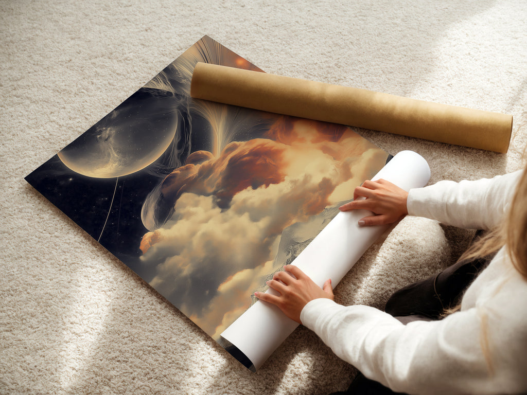 A woman is carefully rolling a fine art poster paper. The paper features celestial landscape artwork with cosmic mountains. This dreamy space artwork is perfect for any room. Get yours today.