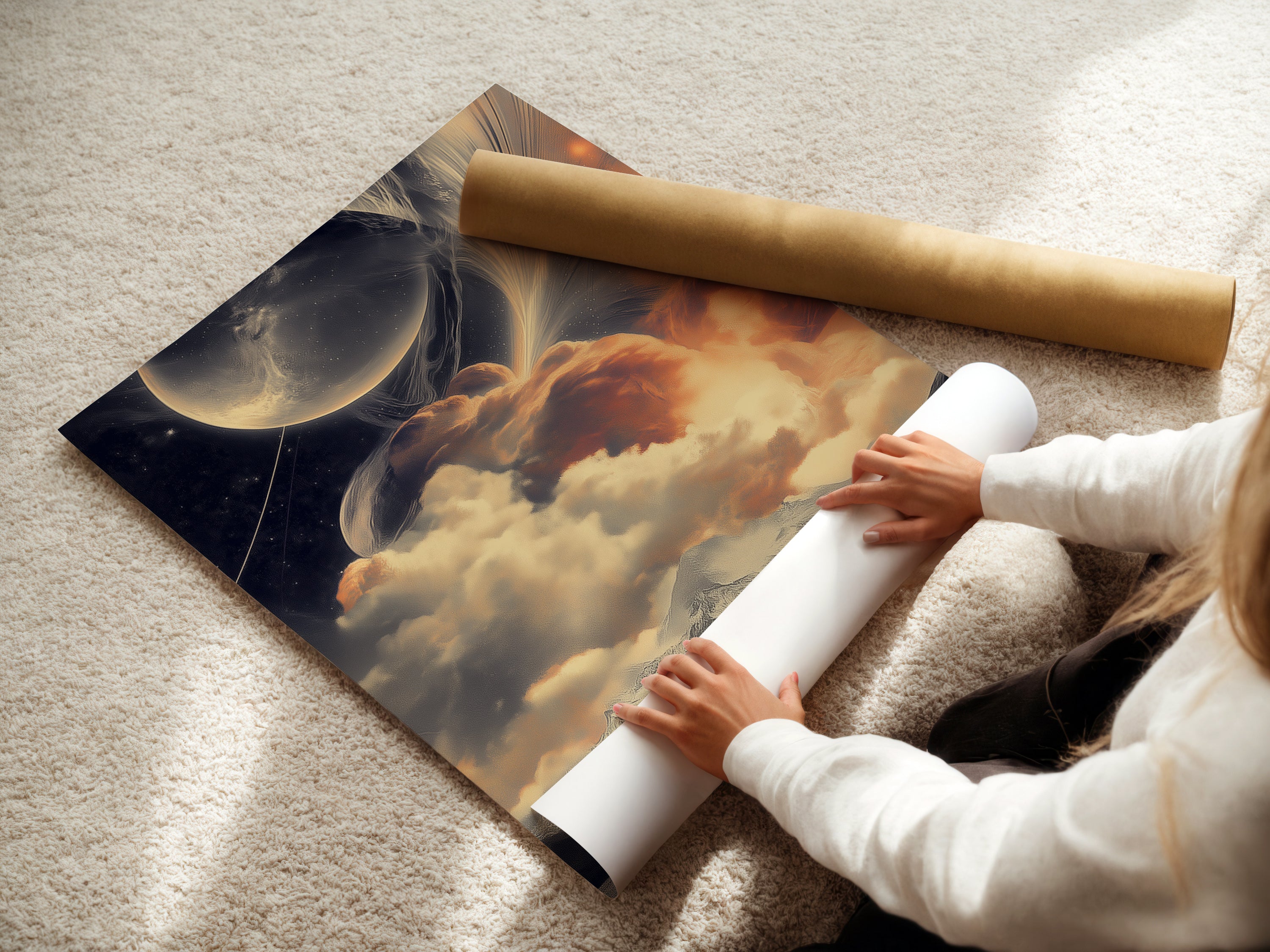 A woman is carefully rolling a fine art poster paper. The paper features celestial landscape artwork with cosmic mountains. This dreamy space artwork is perfect for any room. Get yours today.