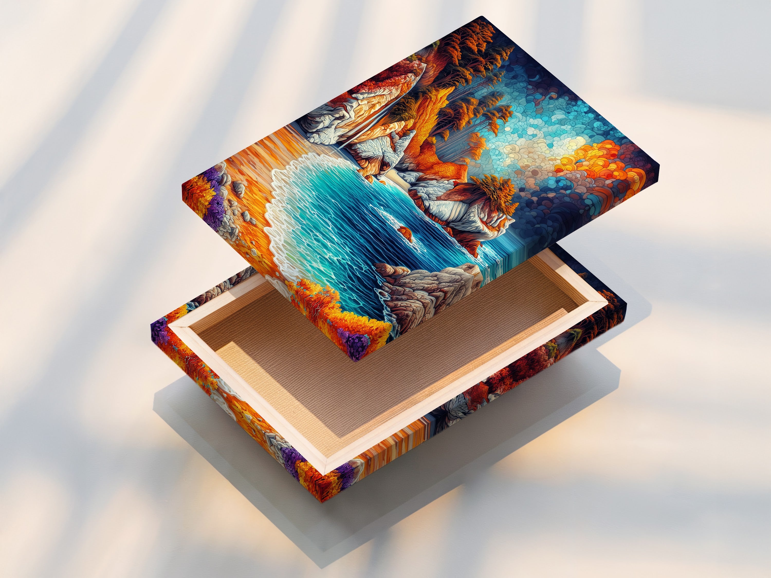 A stretched canvas print of a coastal landscape artwork. This vibrant ocean wall art is ready to hang.  The canvas print features colorful rocks turquoise water and lush trees.  Perfect for adding a touch of seaside charm to any room.